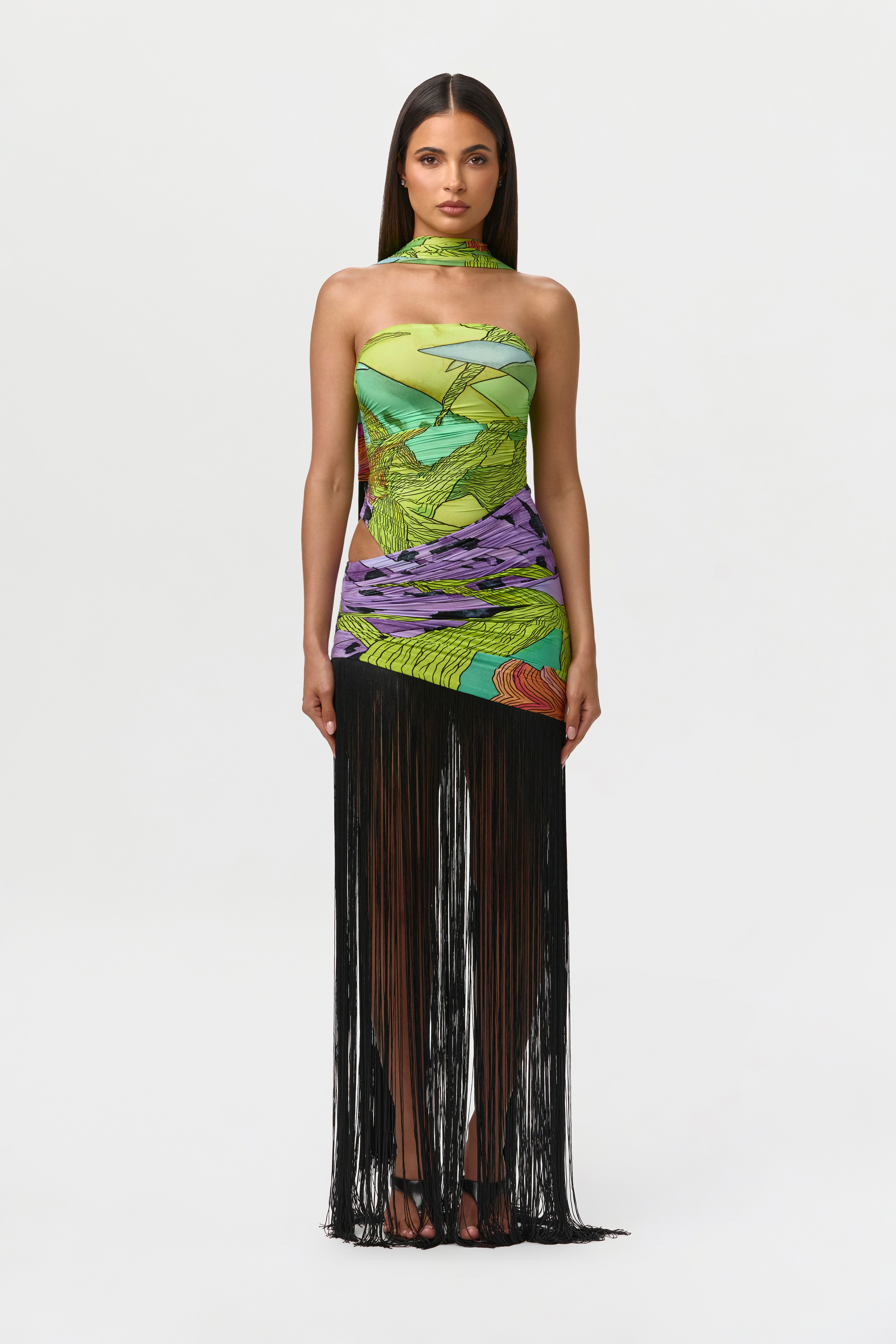 Naked Print Fringe Tube Dress