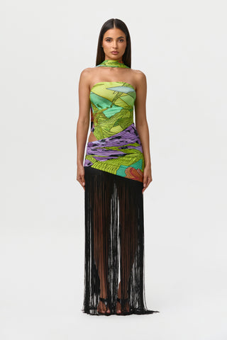 Naked Print Fringe Tube Dress