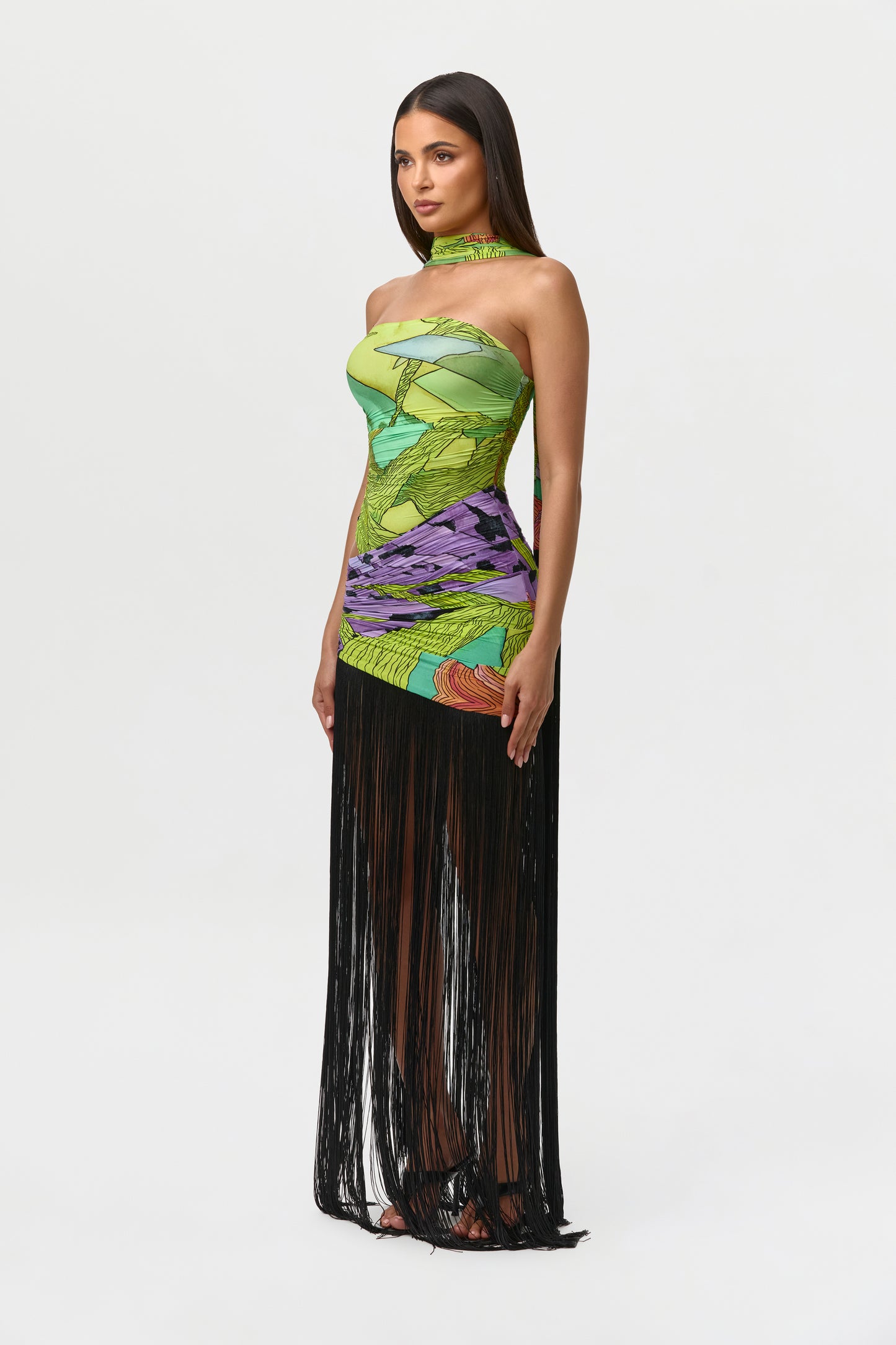 Naked Print Fringe Tube Dress