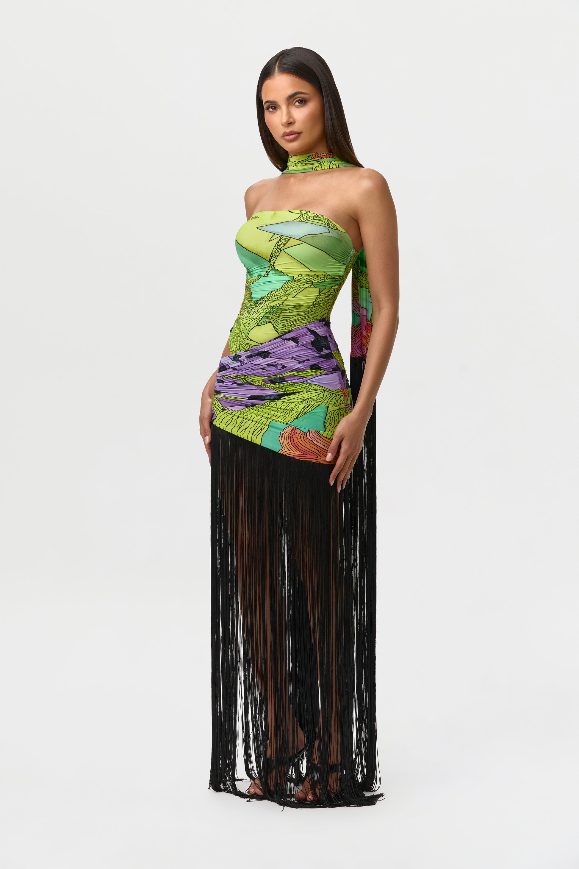 Naked Print Fringe Tube Dress