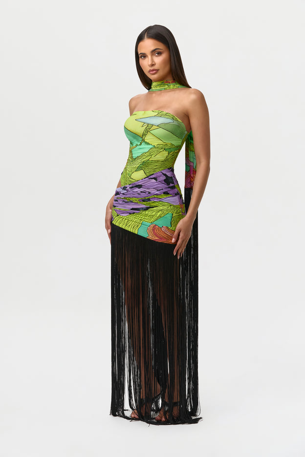 Naked Print Fringe Tube Dress