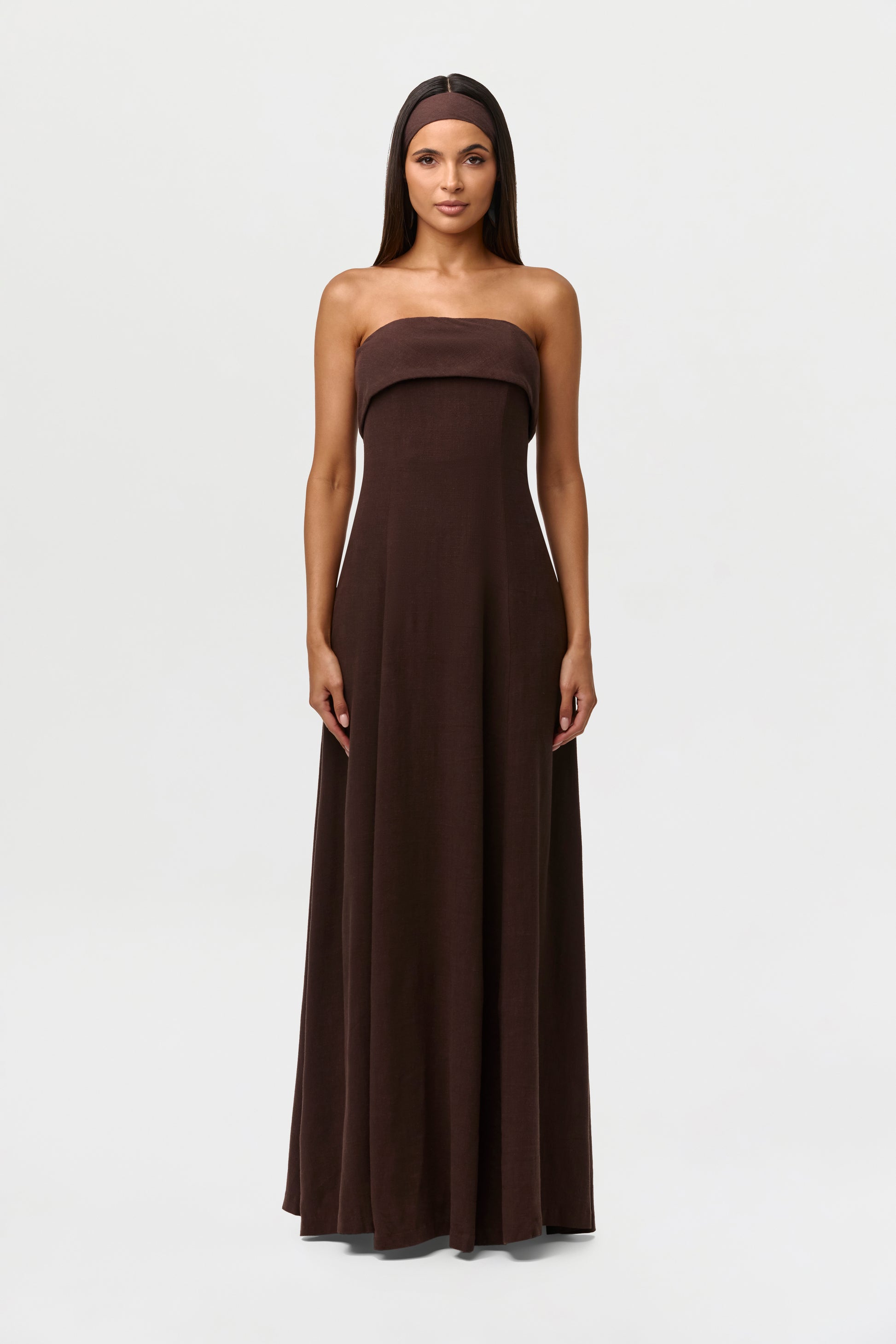 Women's Linen Tube Maxi Dress, Dark Chocolate / XS by Naked Wardrobe
