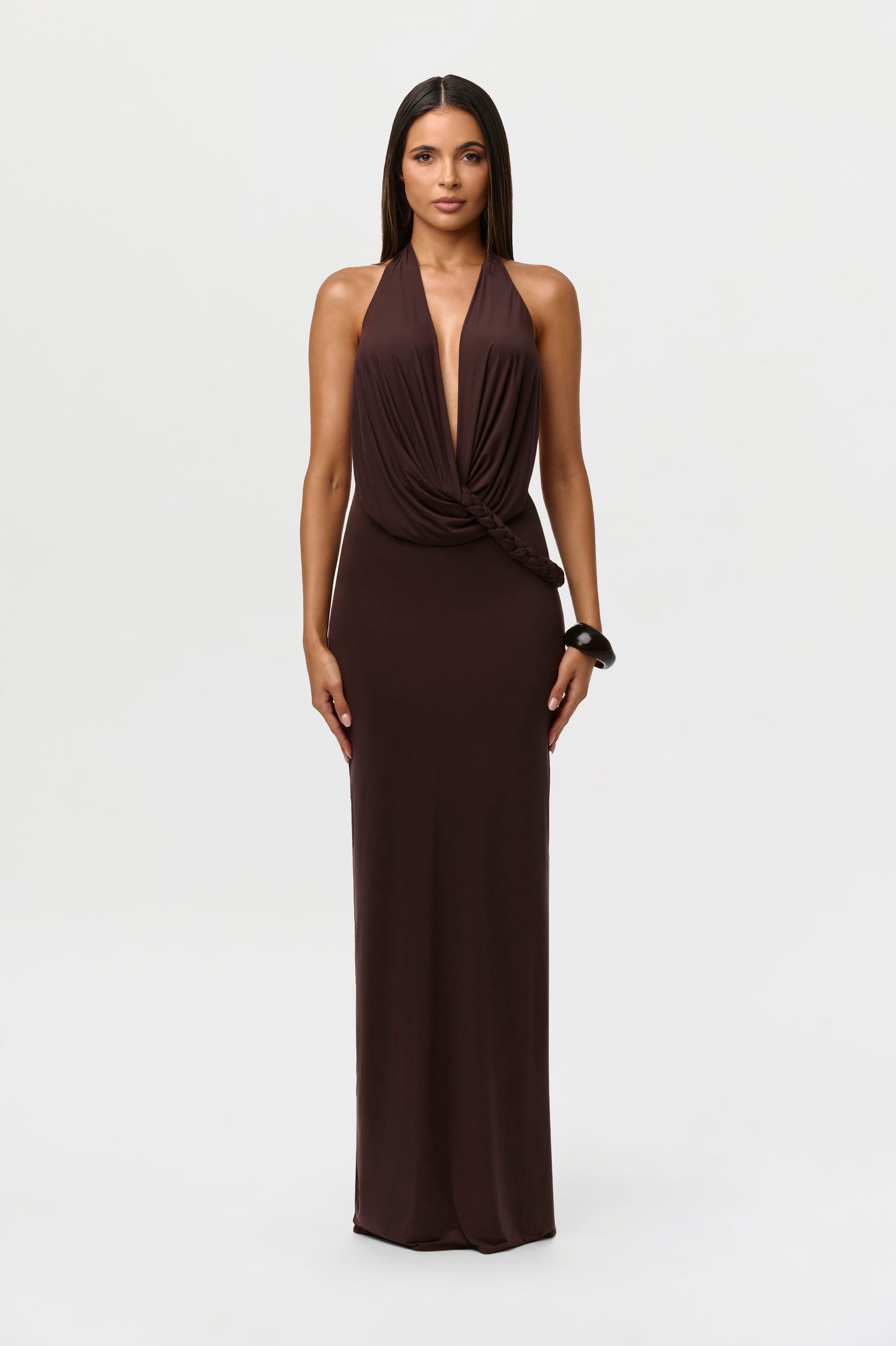 Naked Wardrobe Women's Deep Plunge Open Back Maxi Dress - Brown