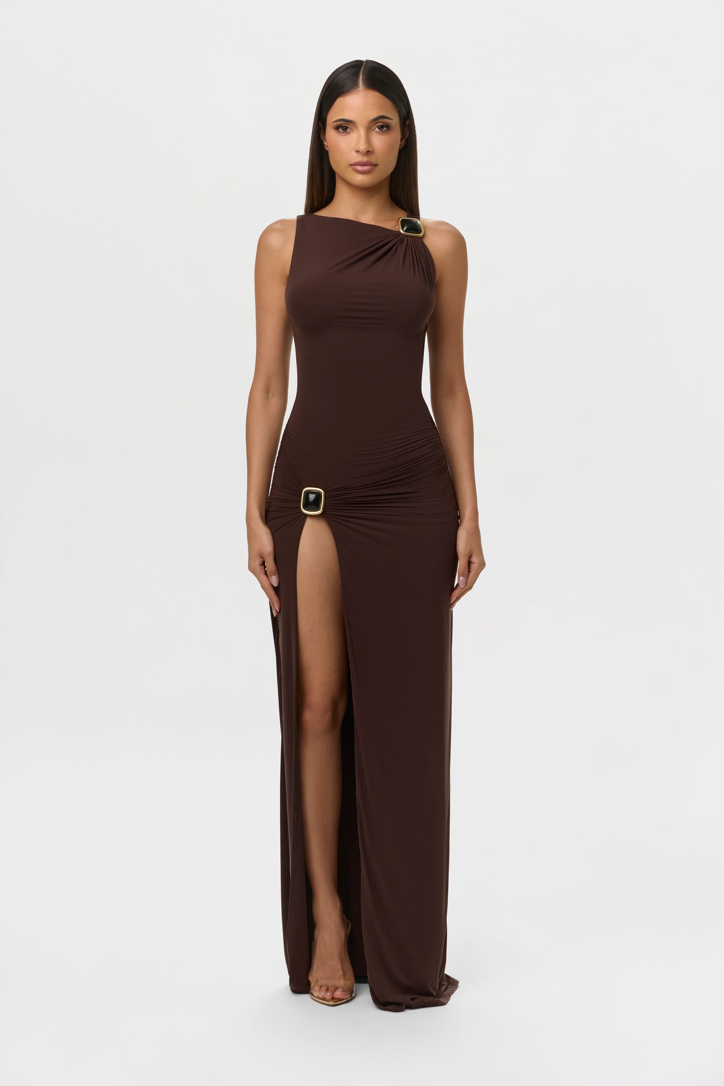 Dark Chocolate Naked Sleeveless Jewel Maxi Dress