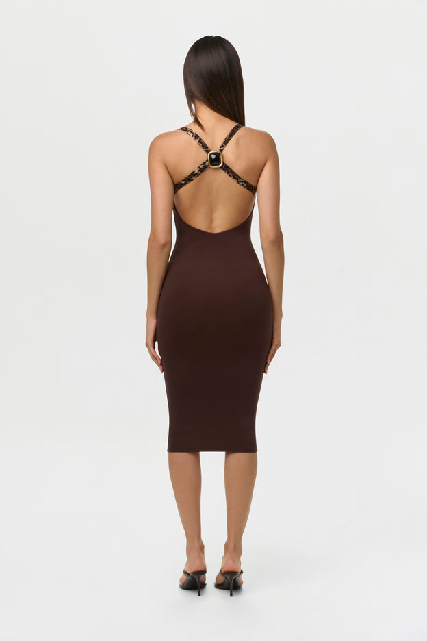 Naked Midi Dress with Print Straps, Dark Chocolate / XS
