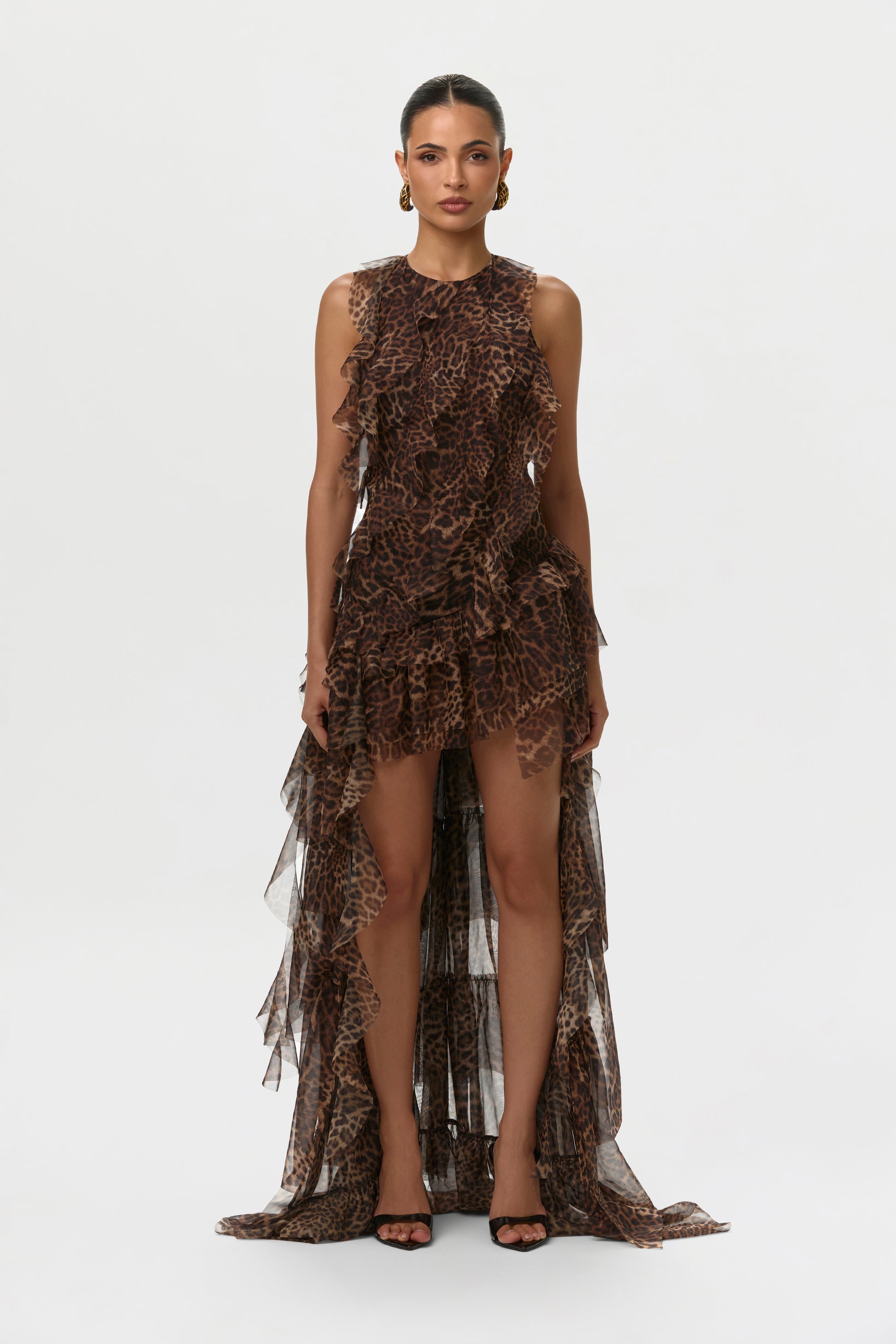 Naked Wardrobe Women's Leopard-Print Ruffled Chiffon High-Low Dress - Brown