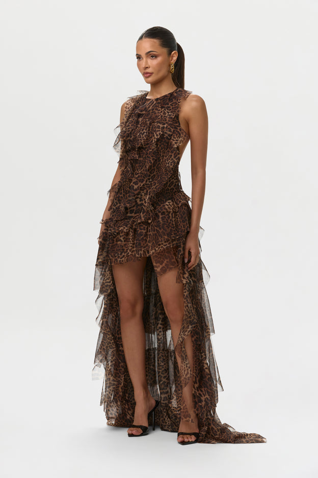 Naked Wardrobe Women's Leopard-Print Ruffled Chiffon High-Low Dress - Brown