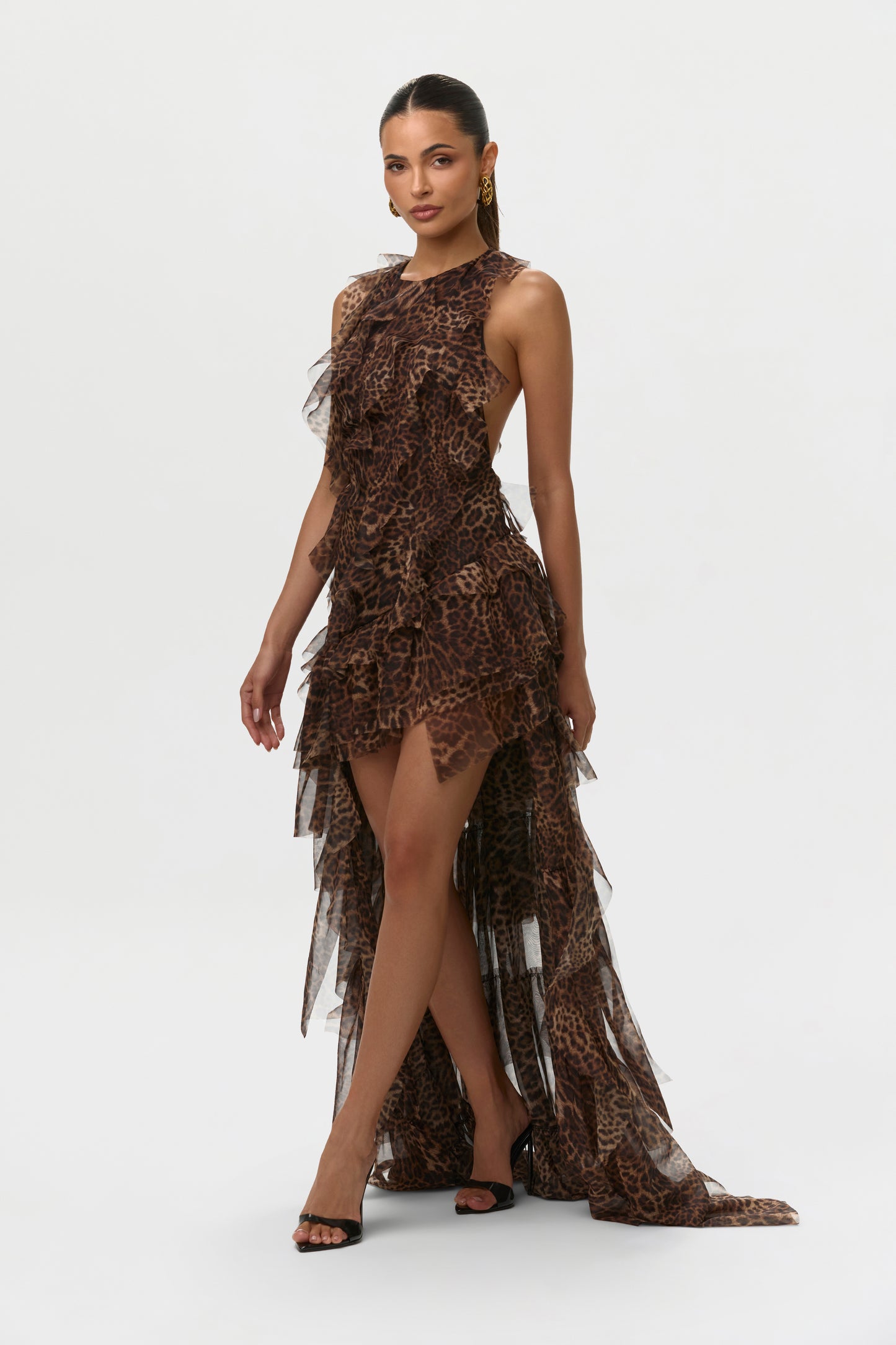 Spotted Leopard Chiffon Print Asymmetric Ruffle Dress