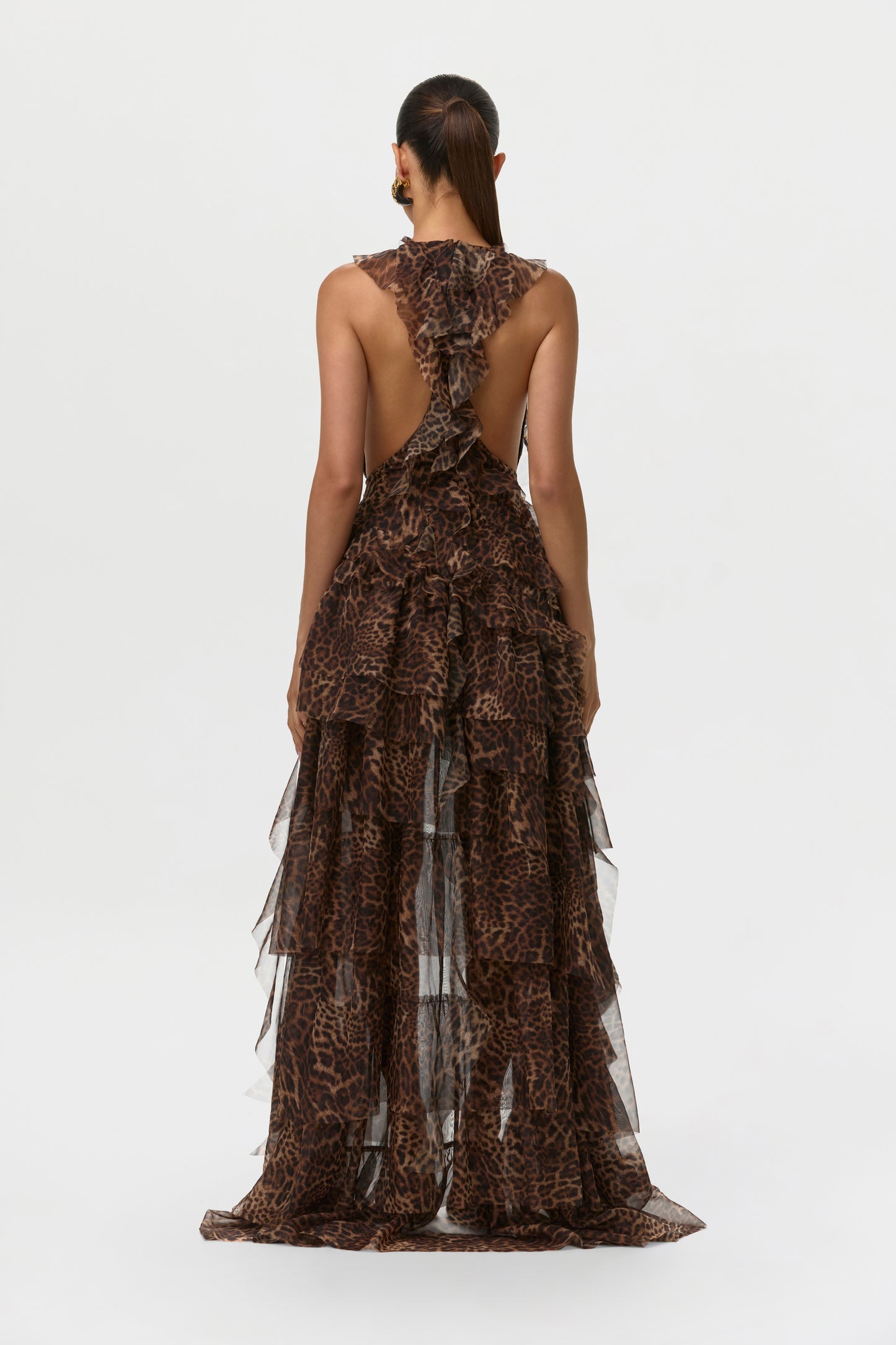 Spotted Leopard Chiffon Print Asymmetric Ruffle Dress