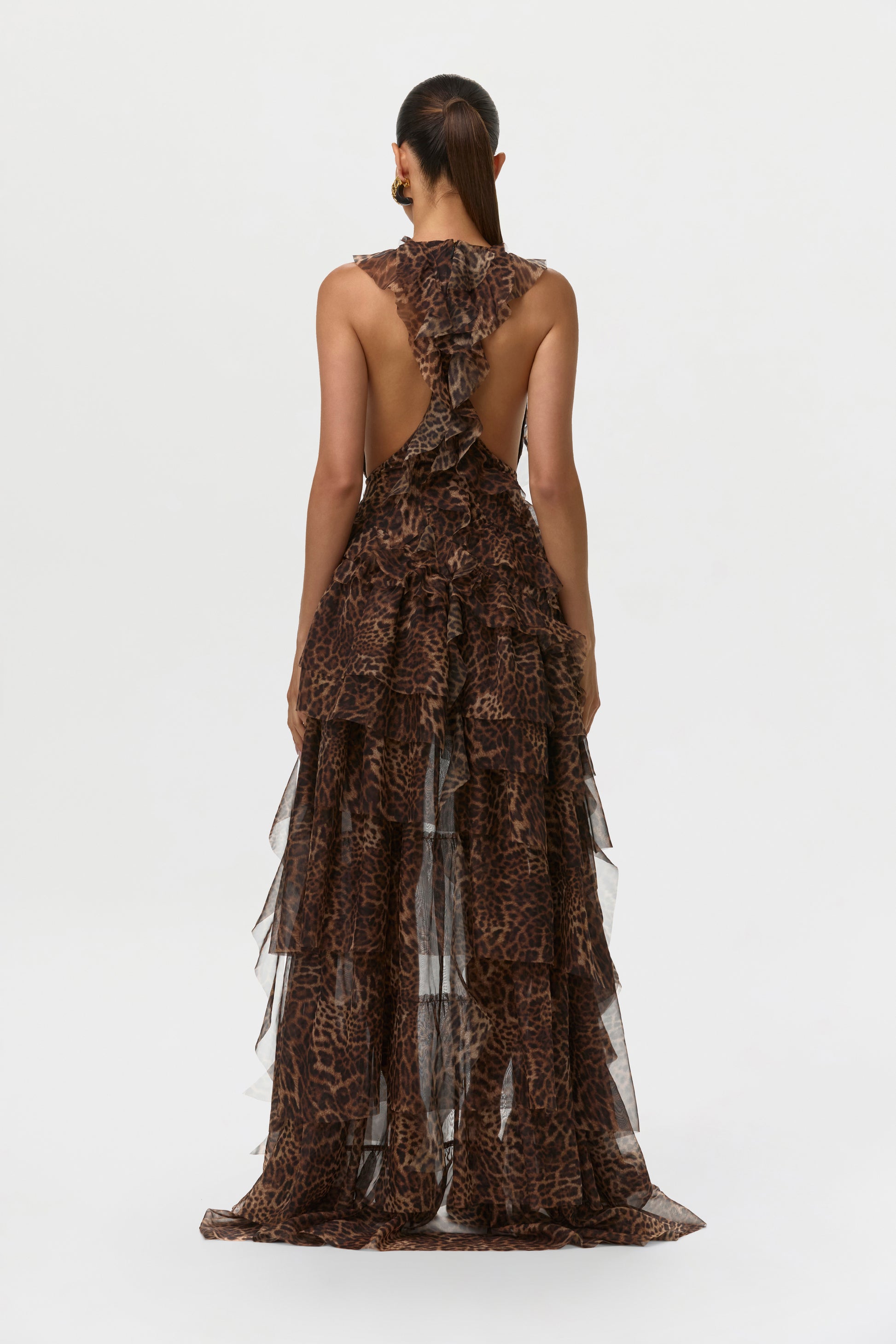 Spotted Leopard Chiffon Print Asymmetric Ruffle Dress