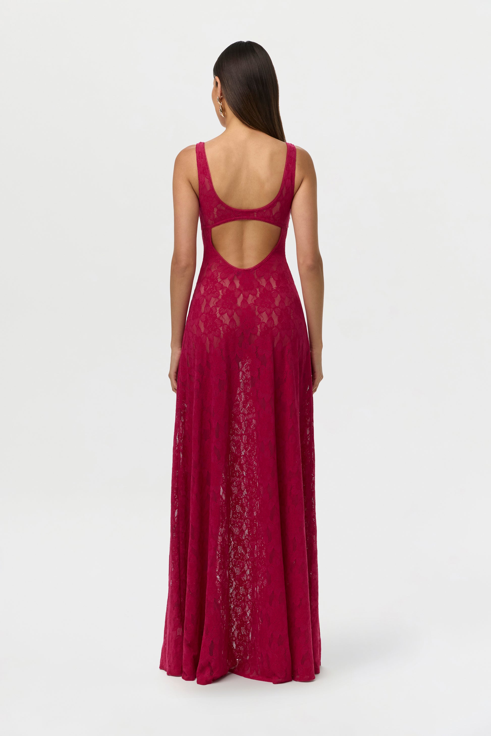 Dark Raspberry Stretch Lace Cutout Maxi Dress