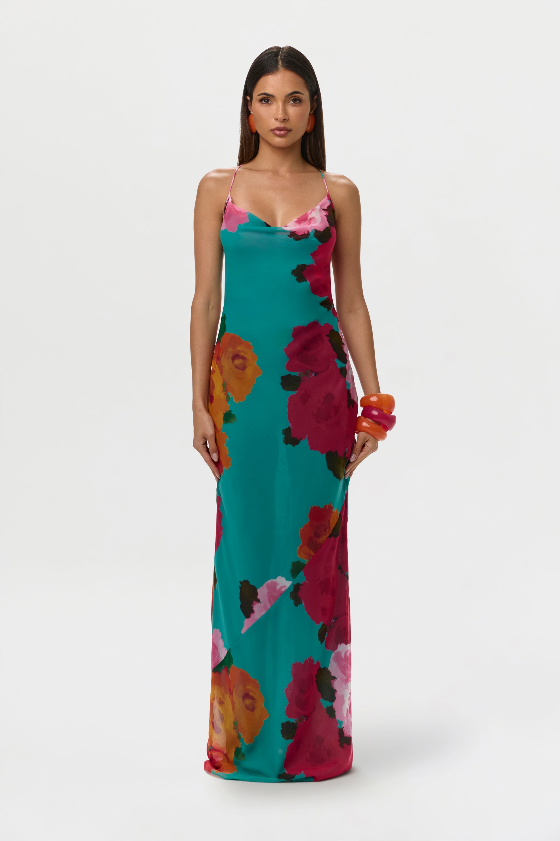 Flora Spritz Chiffon Print Open Back Maxi Dress