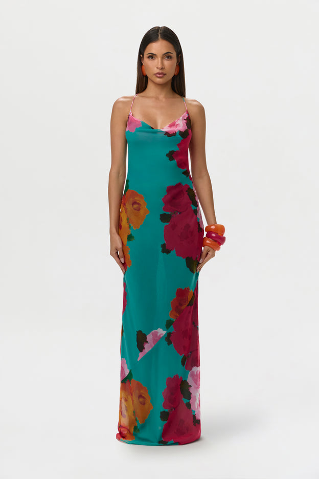 Chiffon Print Open Back Maxi Dress