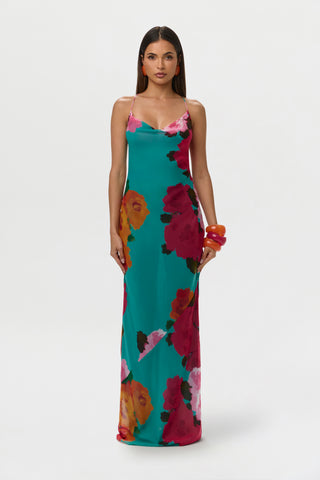 Chiffon Print Open Back Maxi Dress