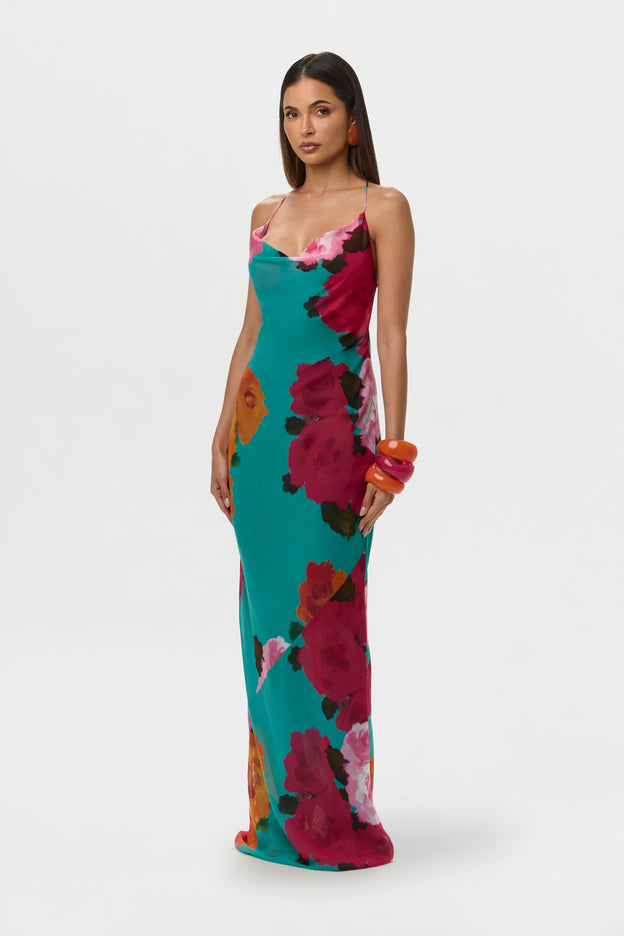 Chiffon Print Open Back Maxi Dress