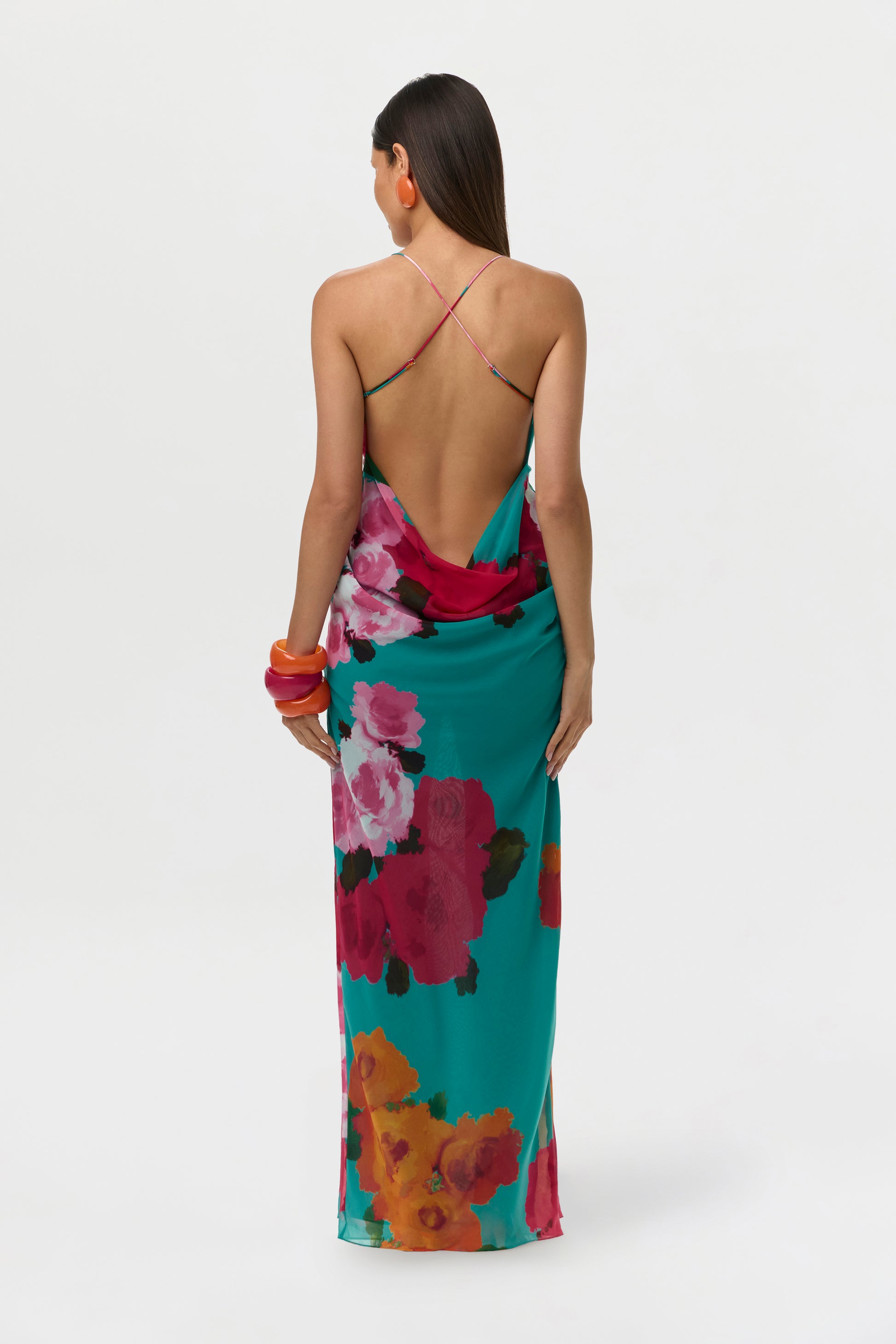 Flora Spritz Chiffon Print Open Back Maxi Dress