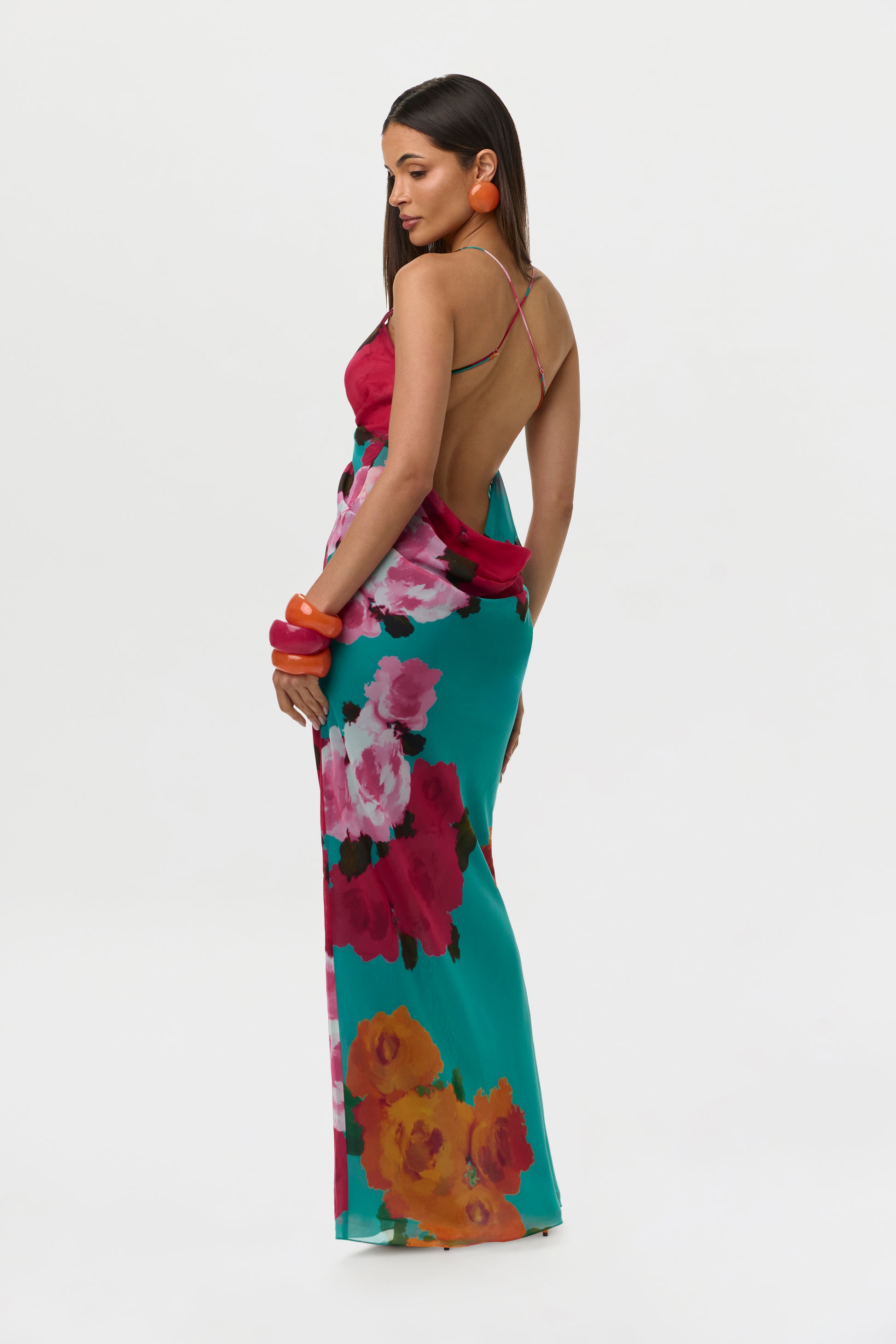 Flora Spritz Chiffon Print Open Back Maxi Dress