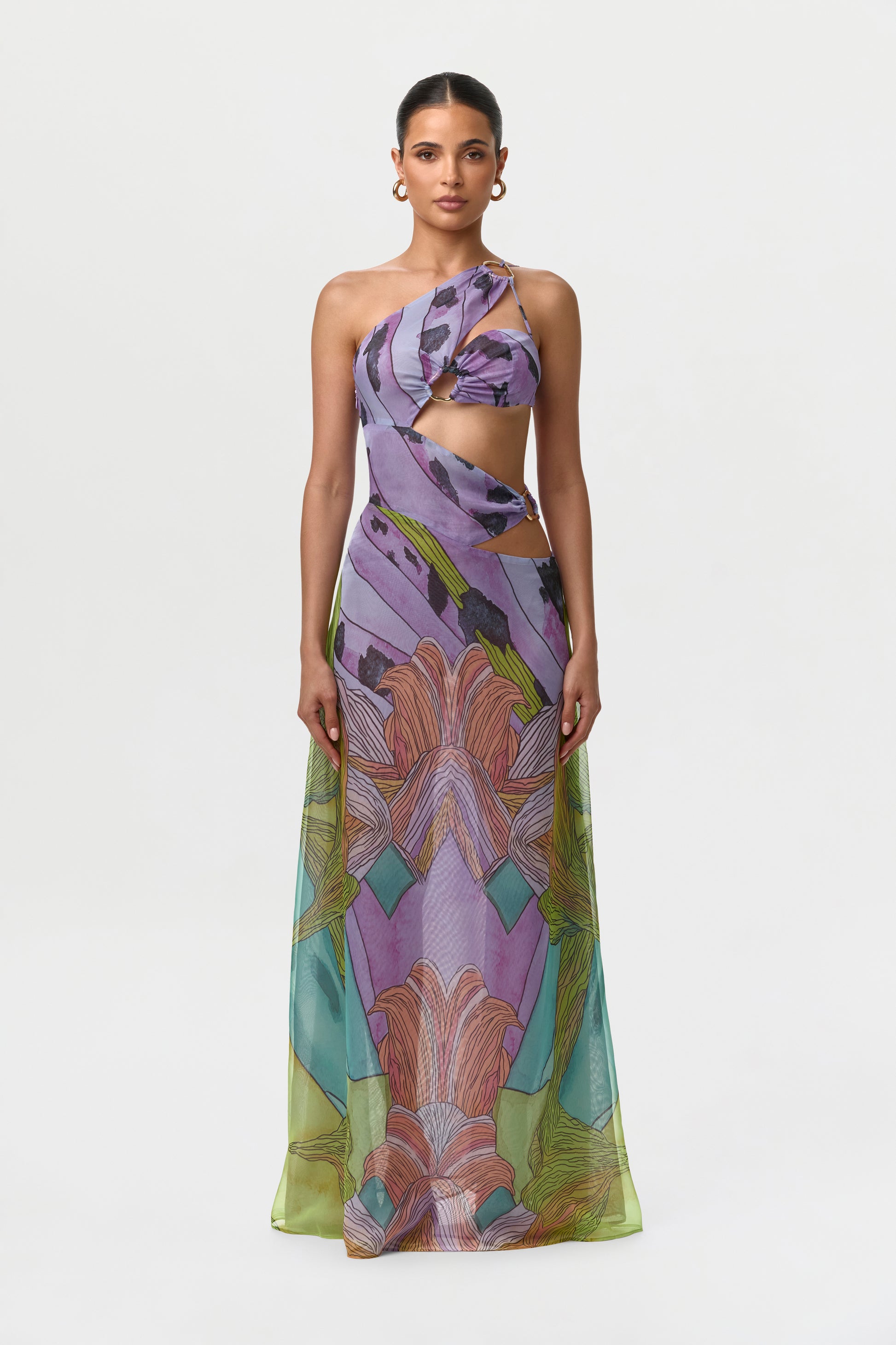 Chiffon Print Cutout Maxi Dress