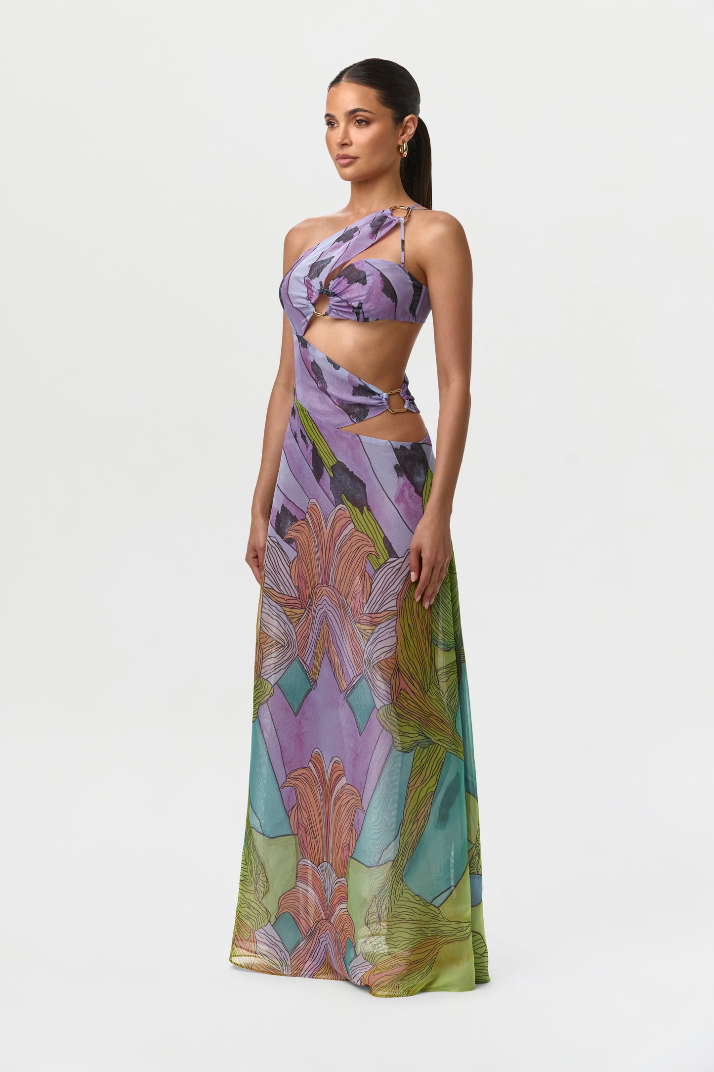 Chiffon Print Cutout Maxi Dress