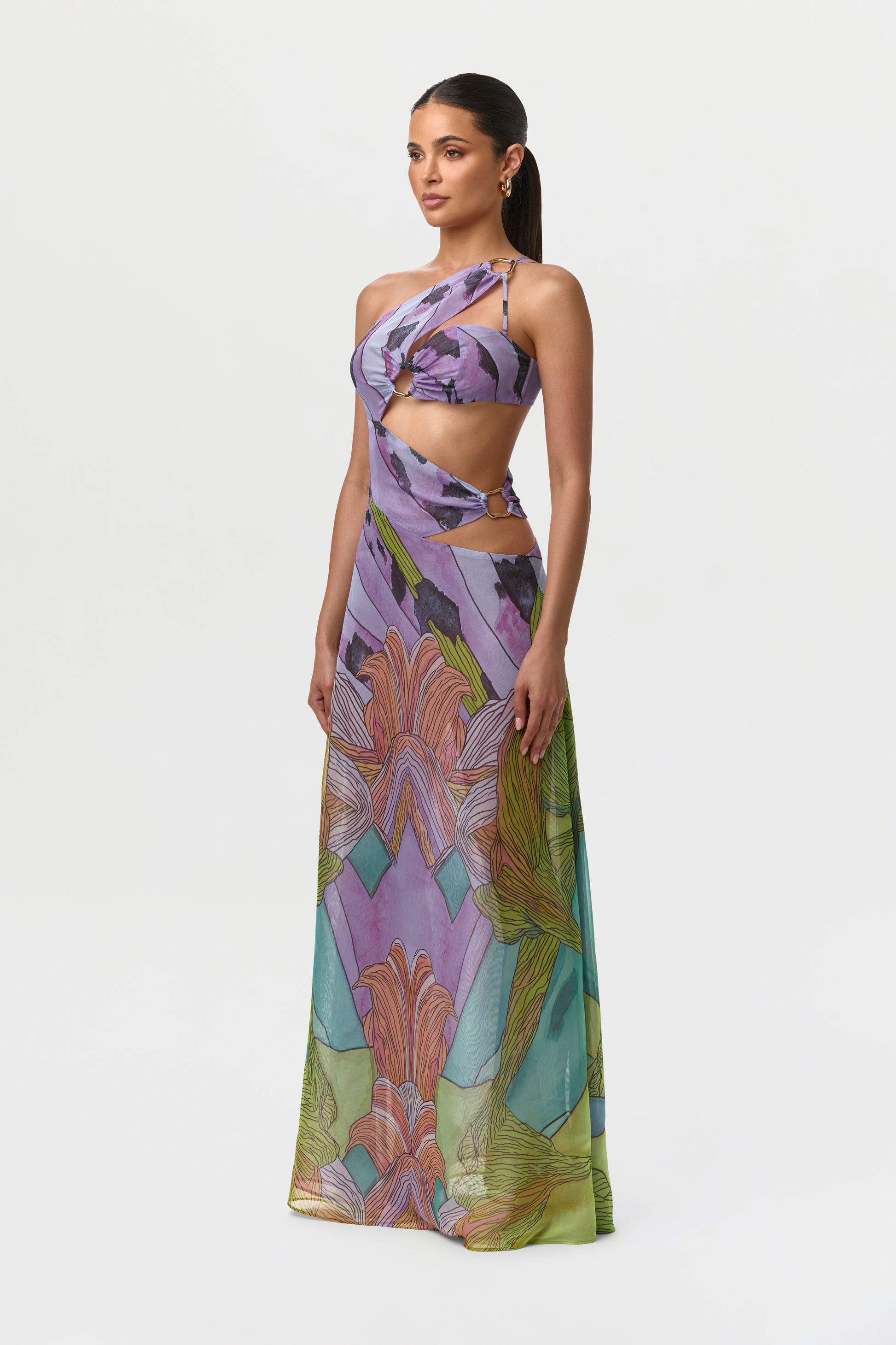 Chiffon Print Cutout Maxi Dress