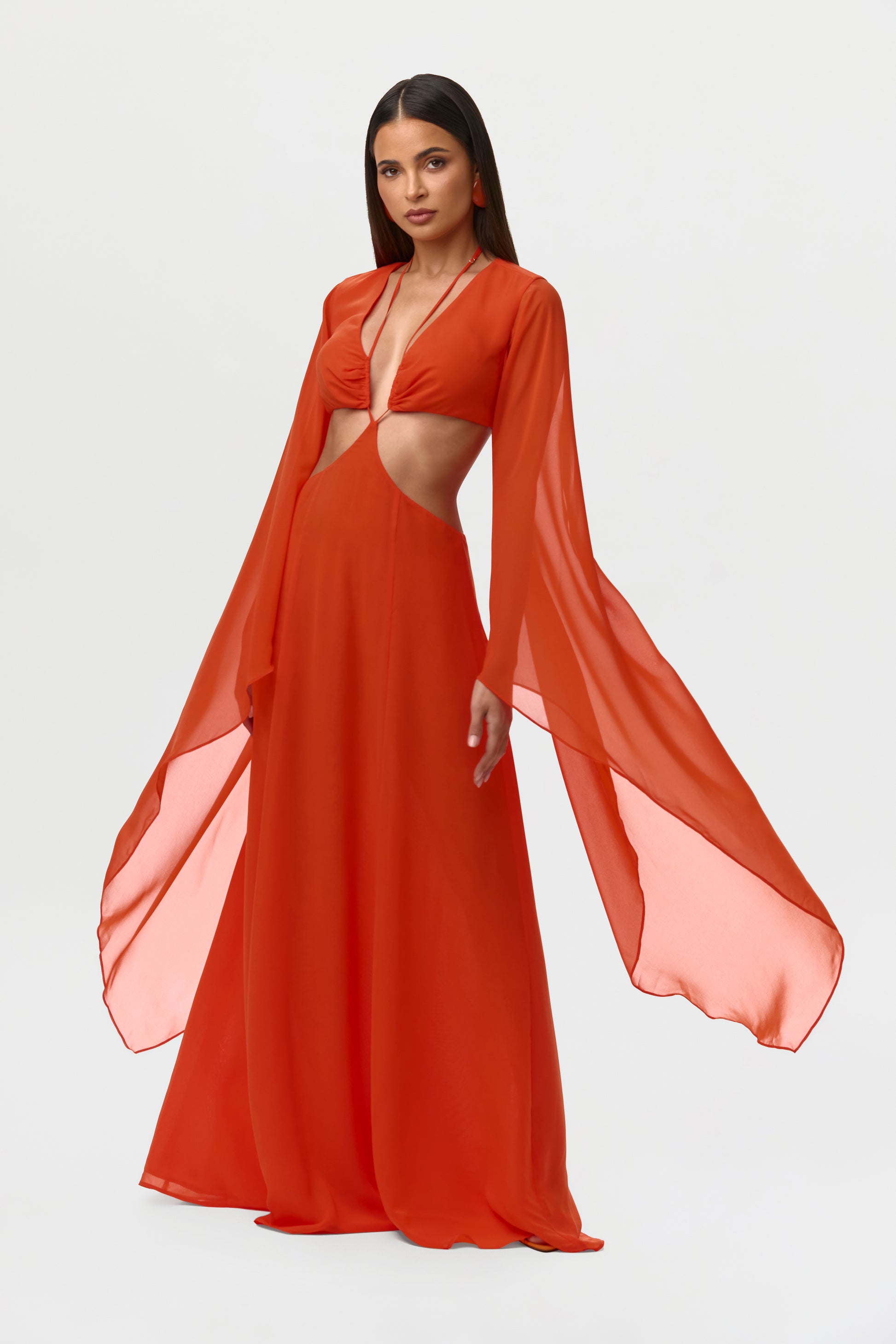 Tangerine Chiffon Cutout Maxi Dress
