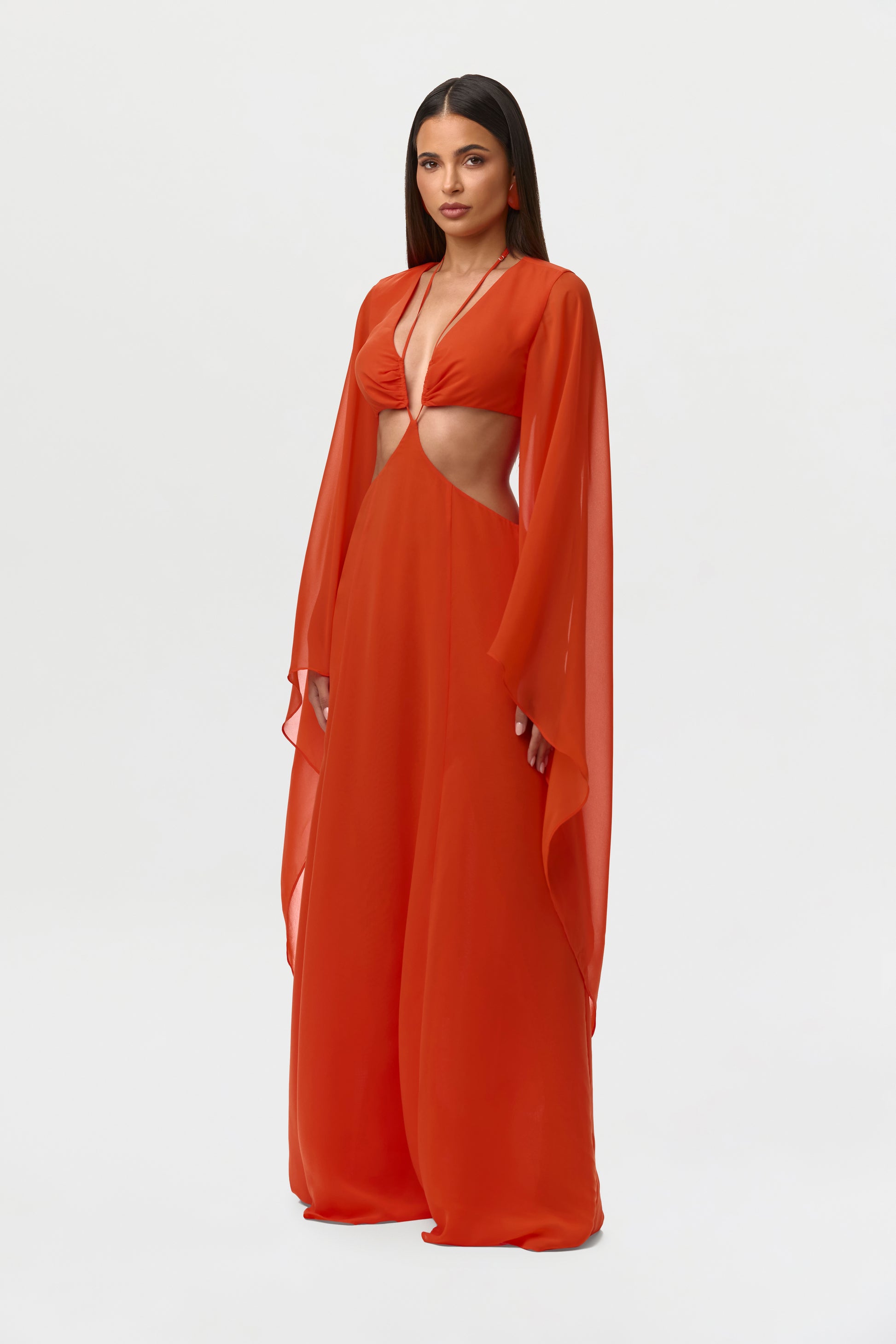orange chiffon dress Women's Chiffon Cutout Maxi Dress by Naked Wardrobe, Tangerine / M