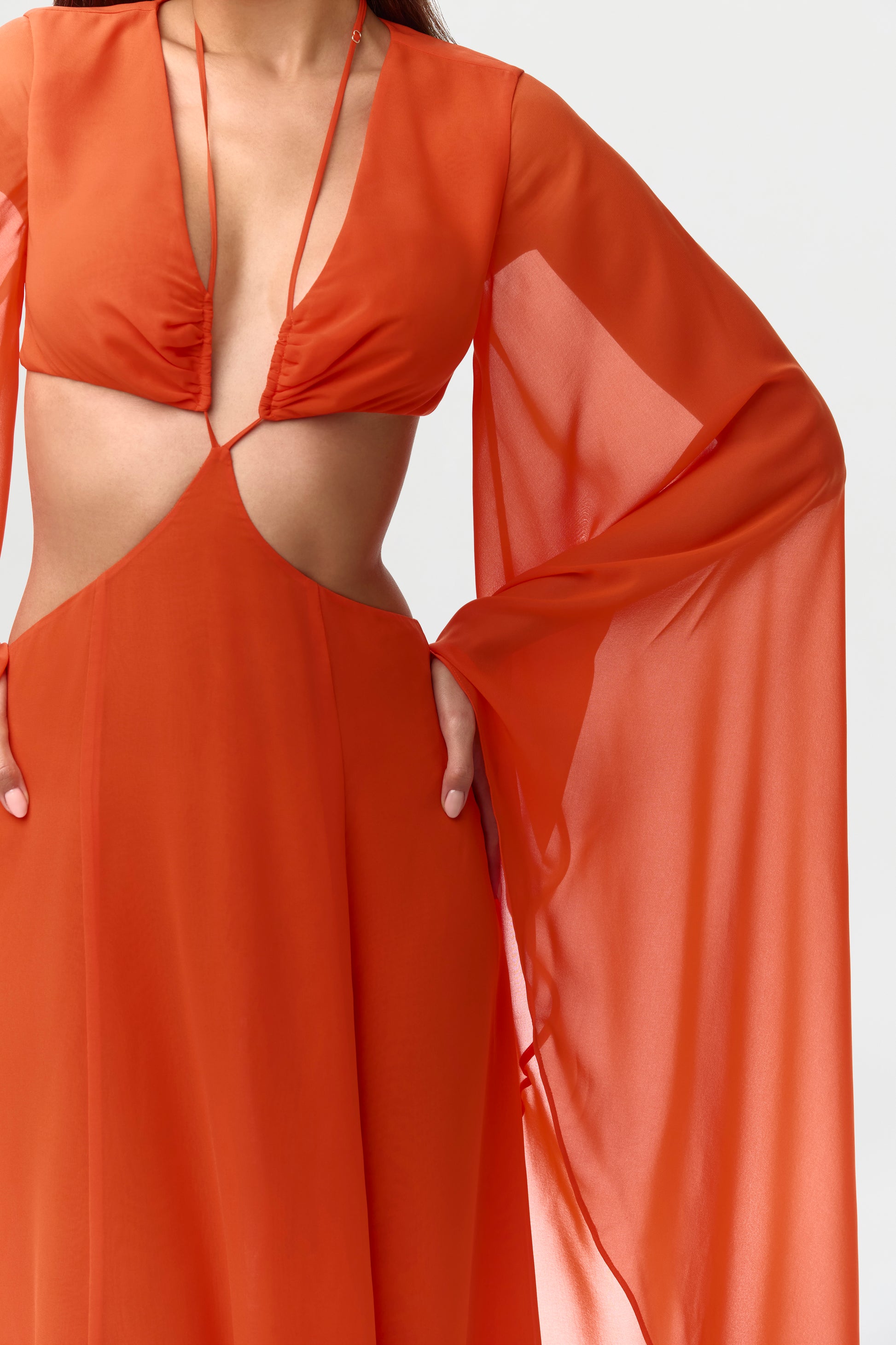 Tangerine Chiffon Cutout Maxi Dress
