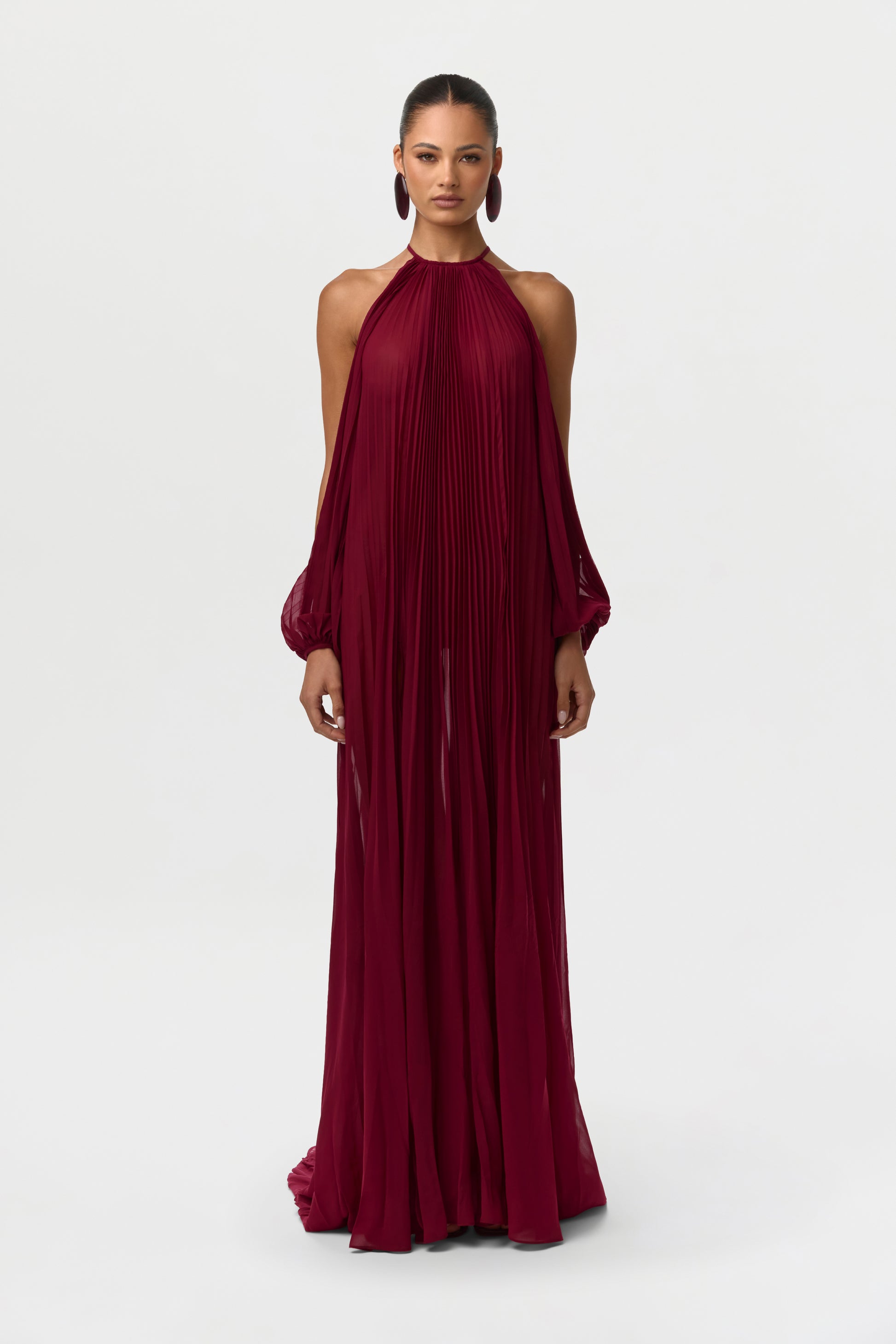 pleated high neck dress Women's Chiffon Pleated Gown, Sangria / M by Naked Wardrobe