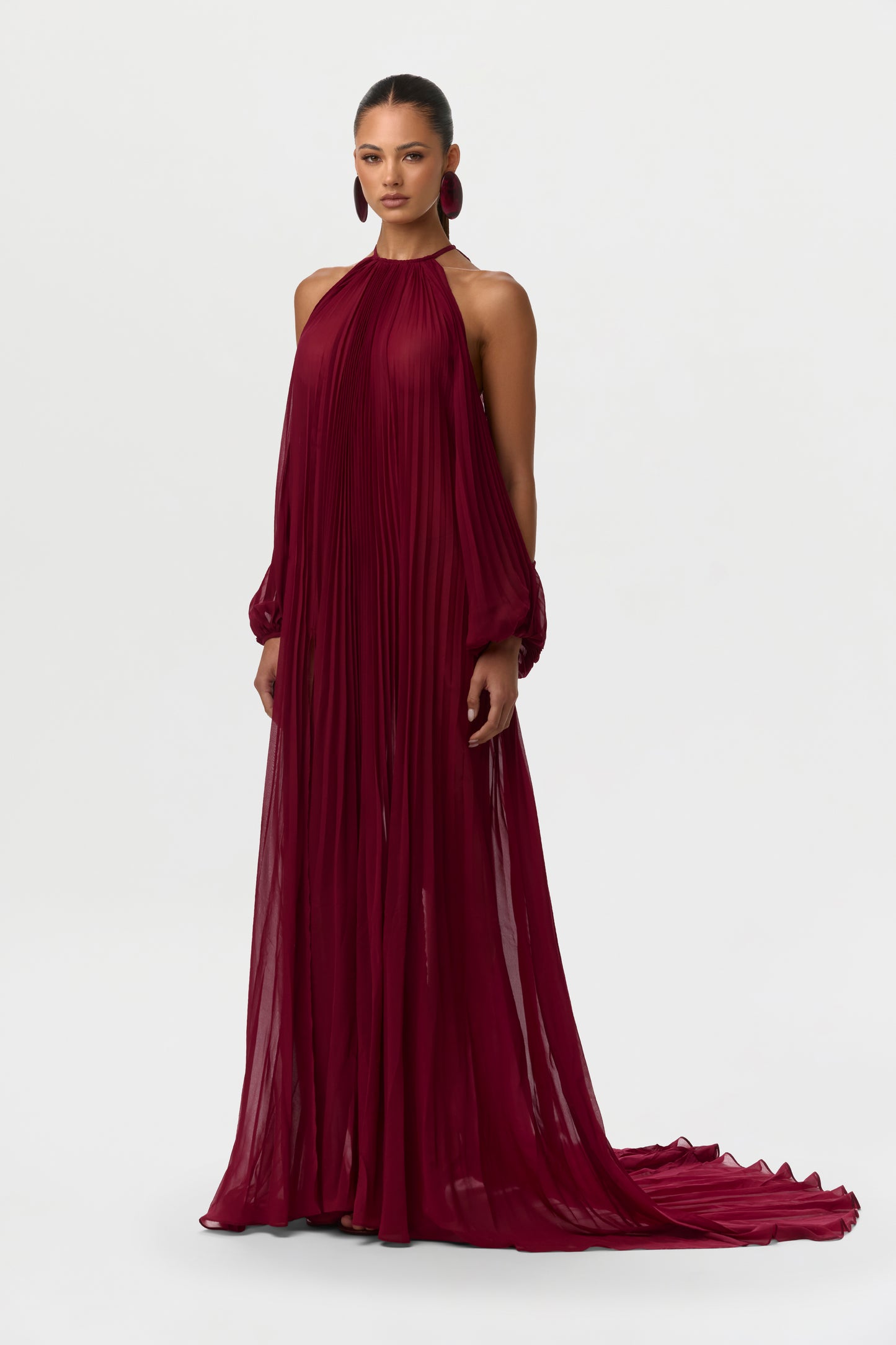 Sangria Chiffon Pleated Gown