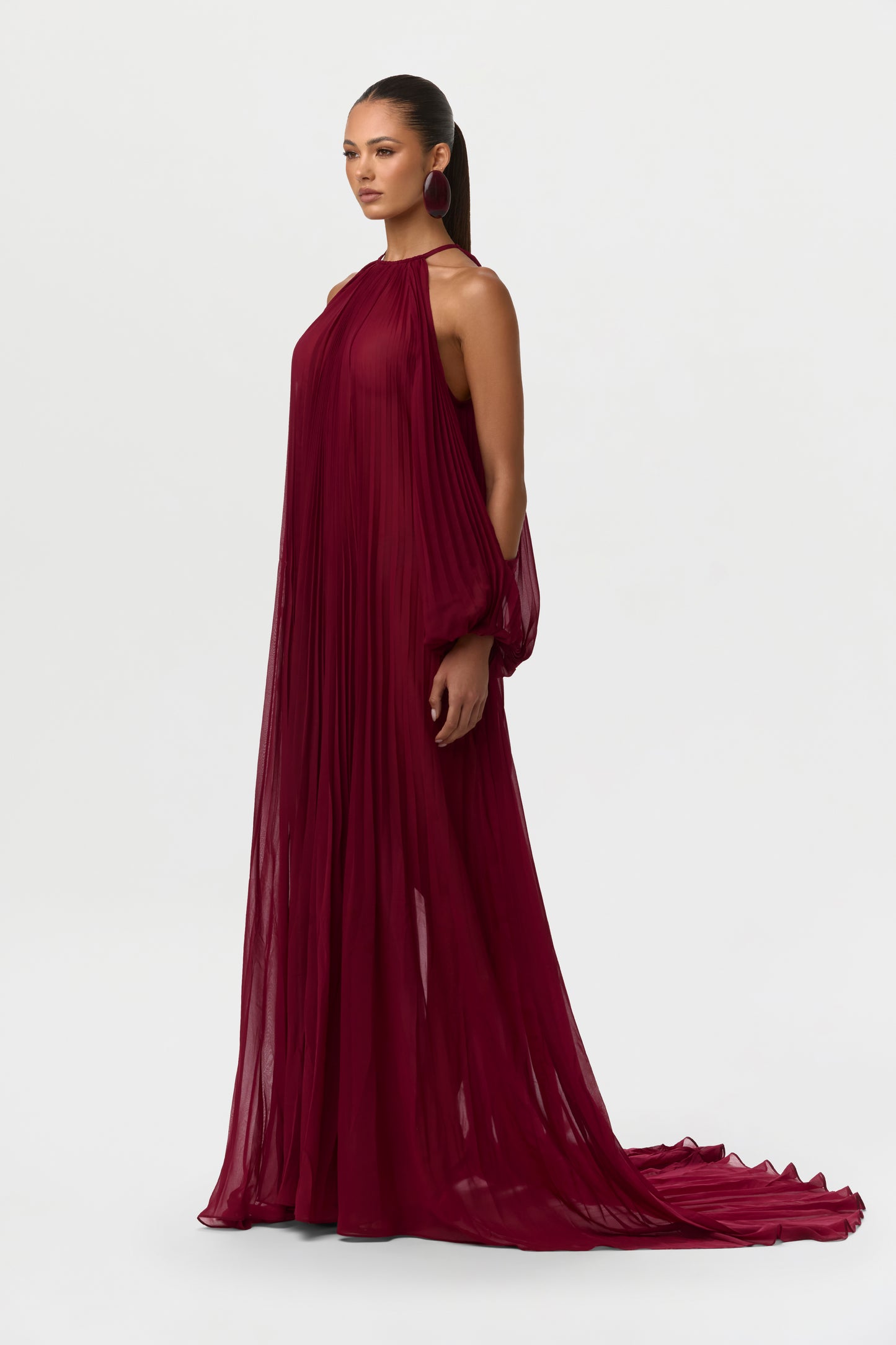 Sangria Chiffon Pleated Gown