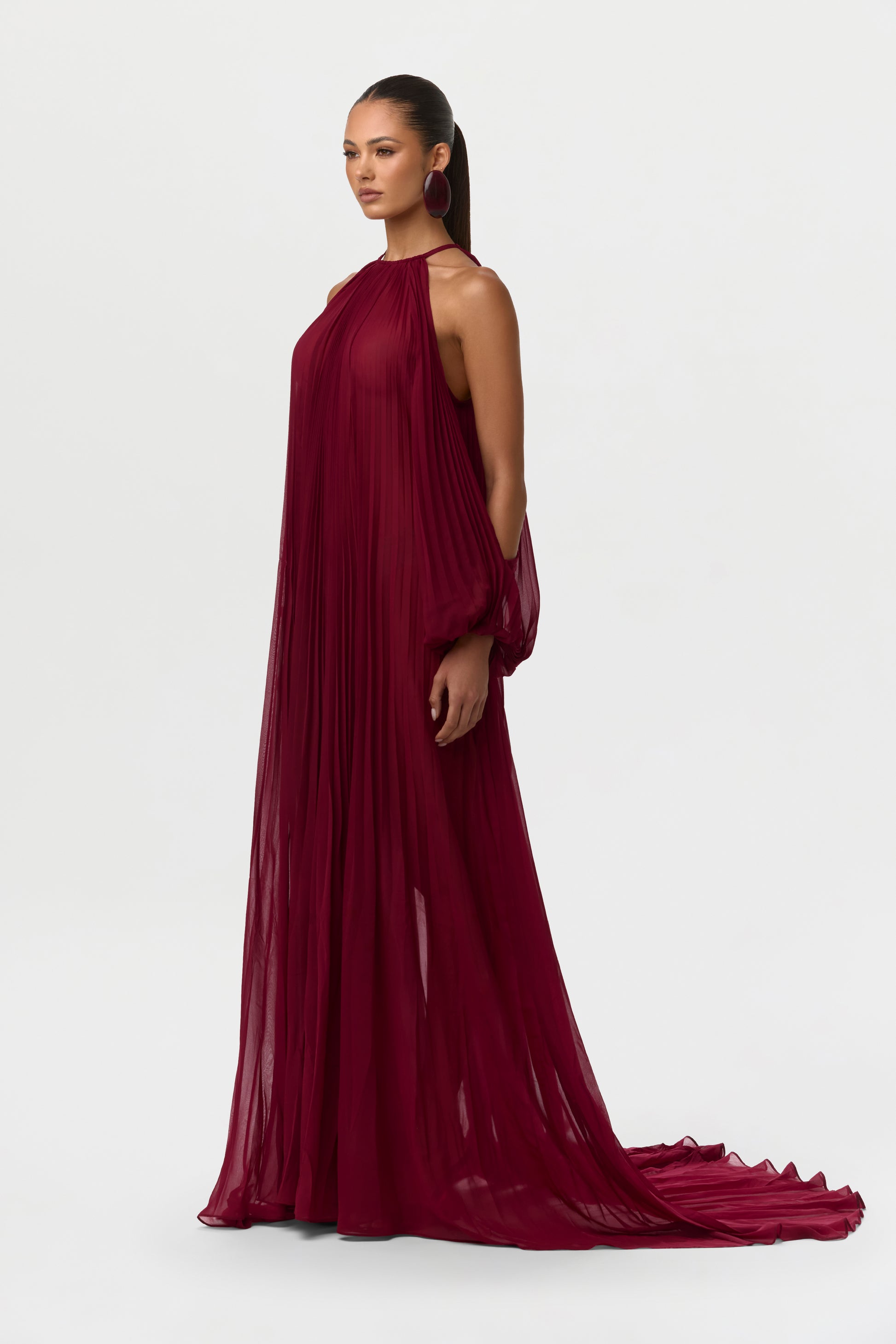 Chiffon Pleated High Neck Maxi with Sleeves – Naked Wardrobe