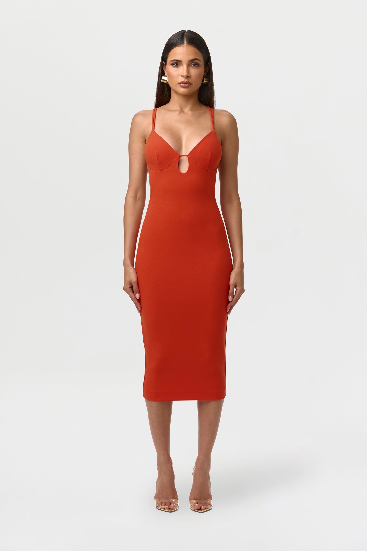 Tangerine Crepe Keyhole Open Back Dress