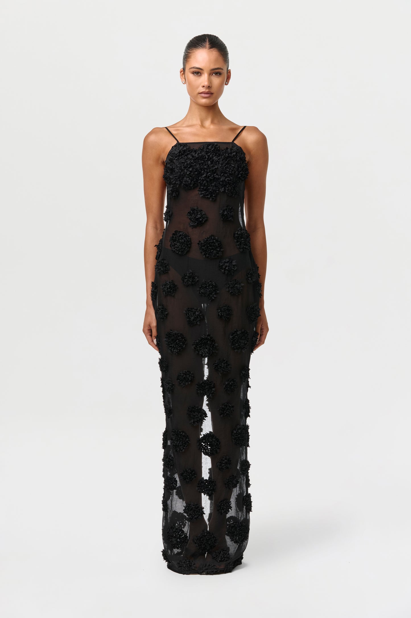 Black Floral Appliqué Open Back Dress