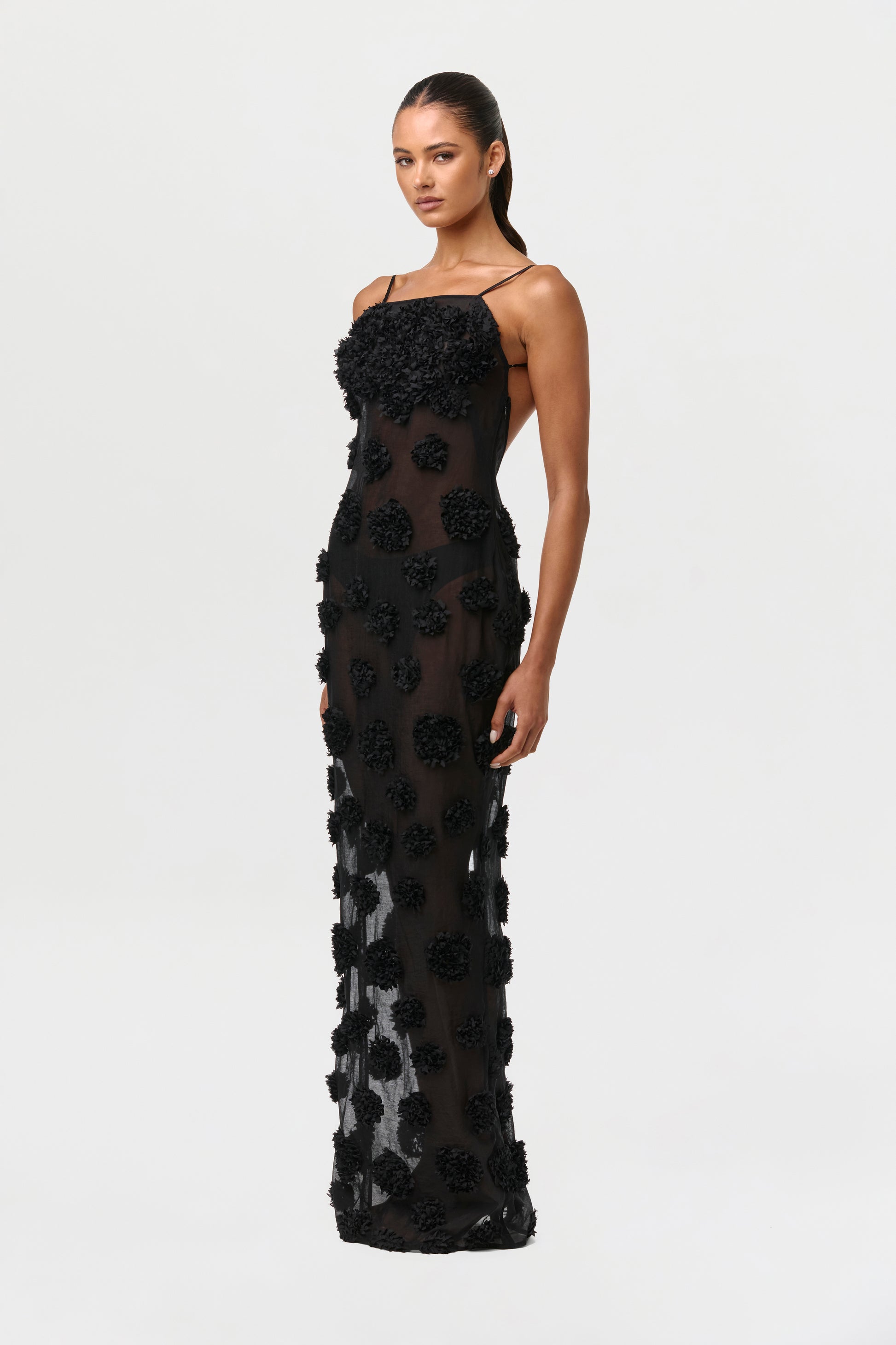 Women's Floral Appliqué Open Back Dress, Black / L by Naked Wardrobe