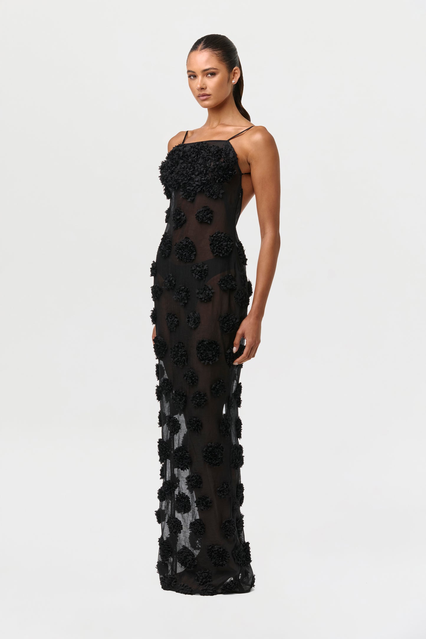 Black Floral Appliqué Open Back Dress