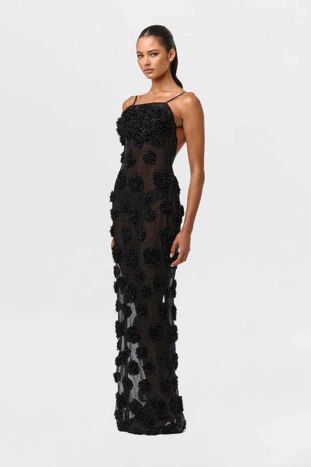 Floral Appliqué Open Back Dress