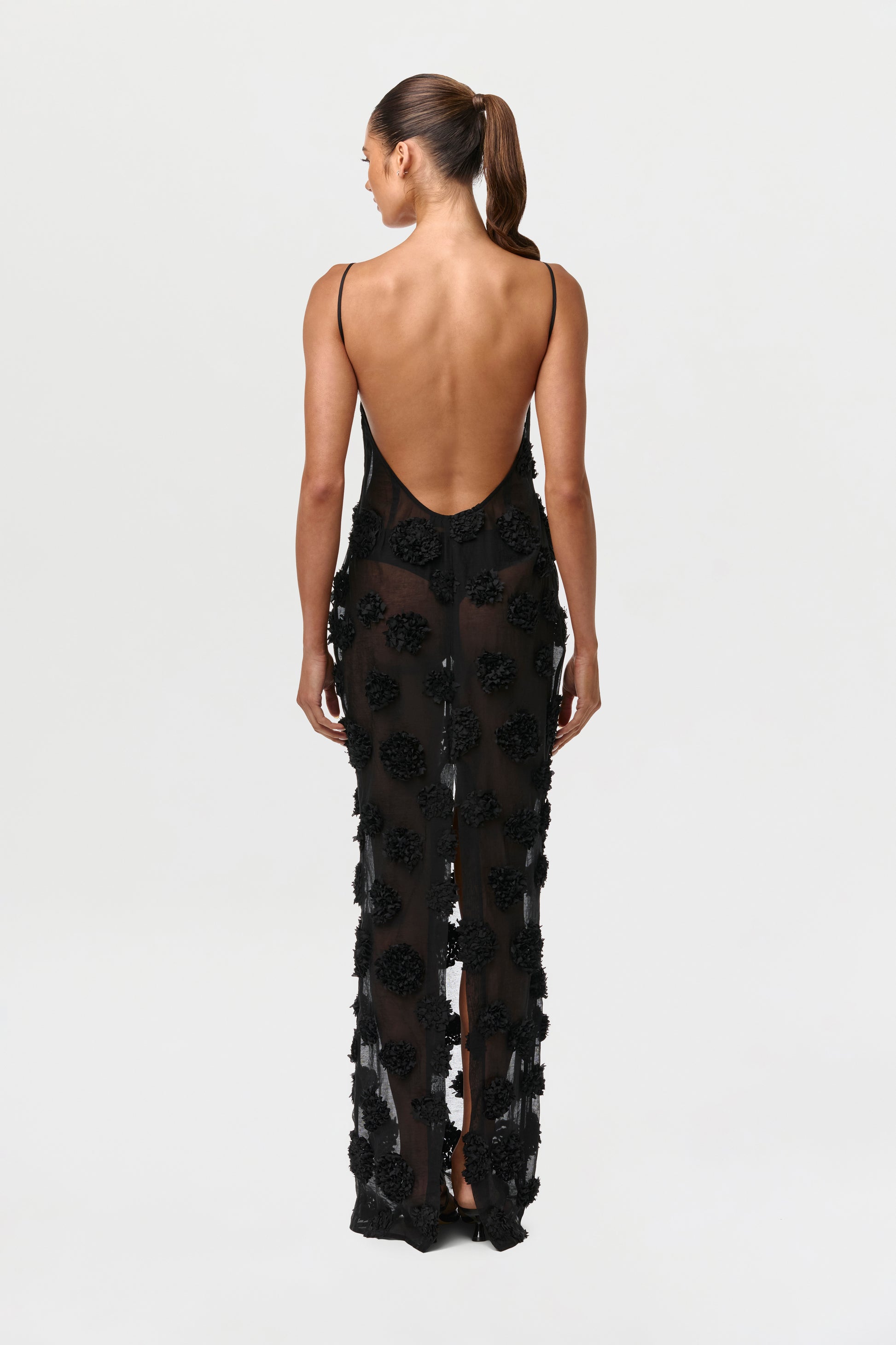 Black Floral Appliqué Open Back Dress