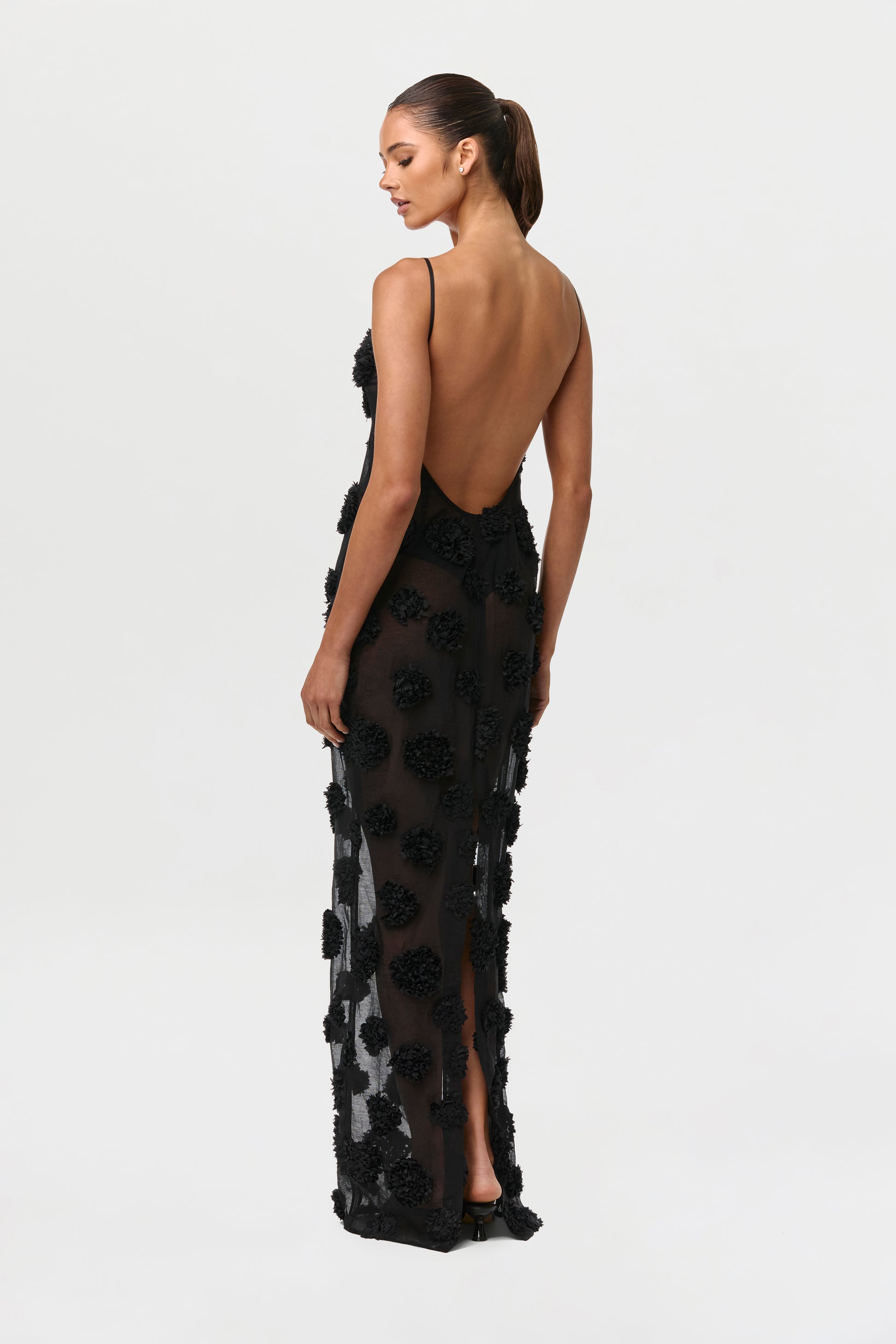 Floral Appliqué Open Back Dress