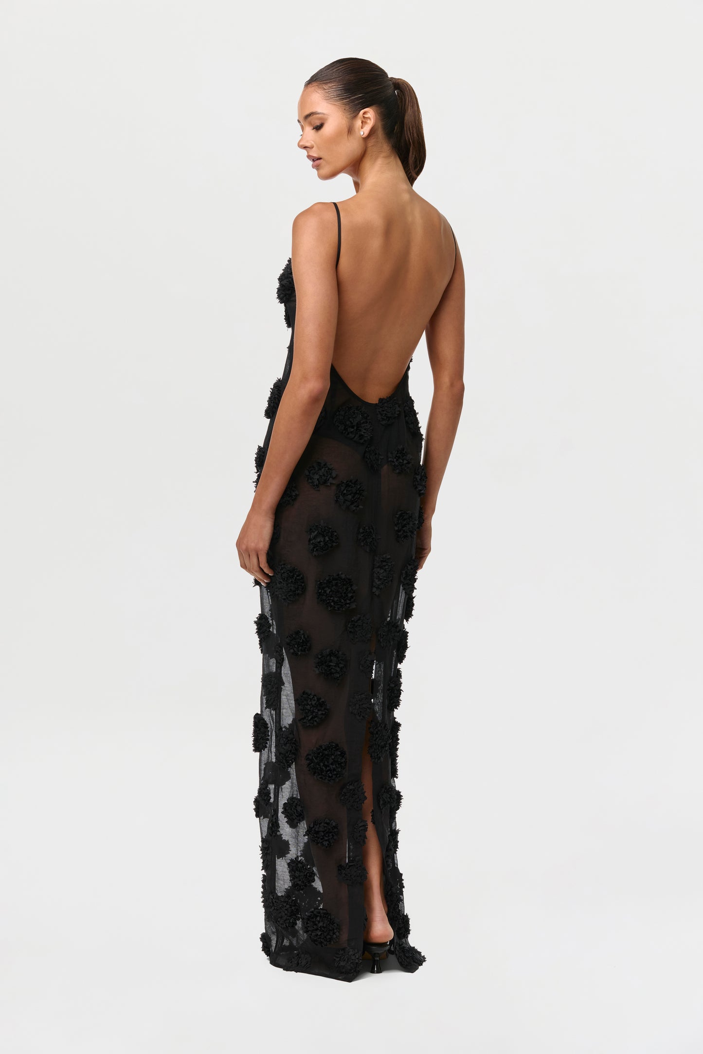 Black Floral Appliqué Open Back Dress