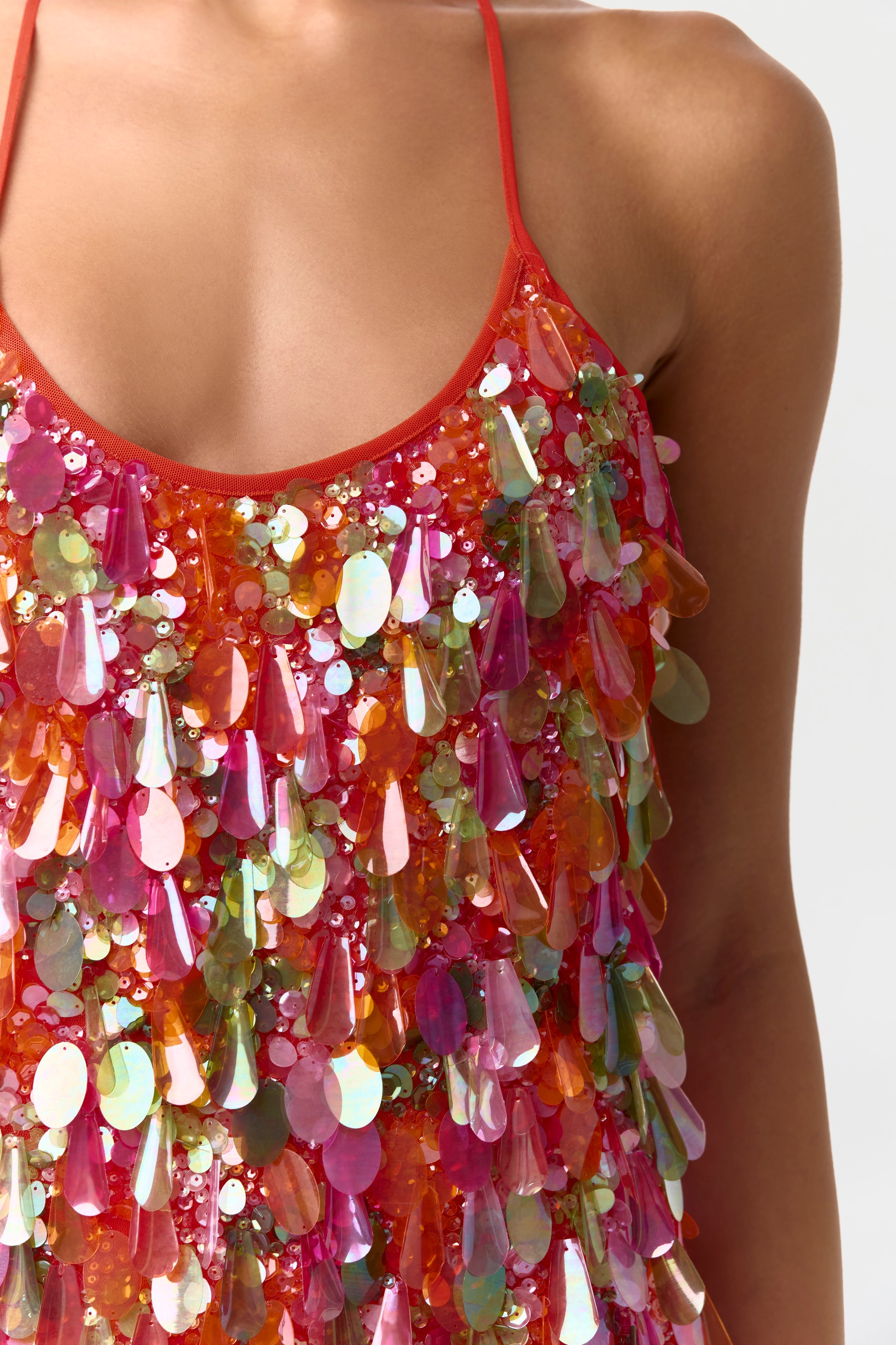Tangerine Multi Sequin Halter Mini Dress
