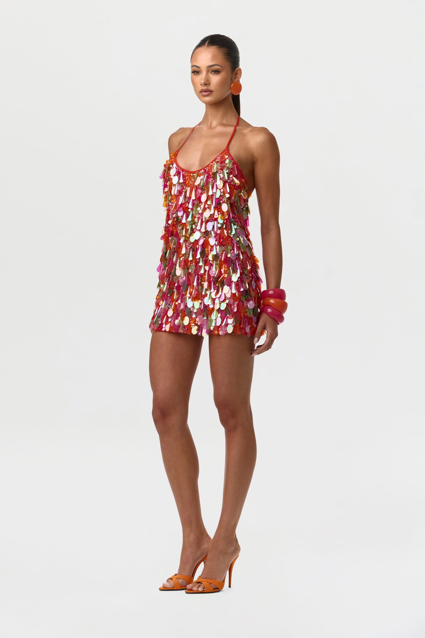 Tangerine Multi Sequin Halter Mini Dress