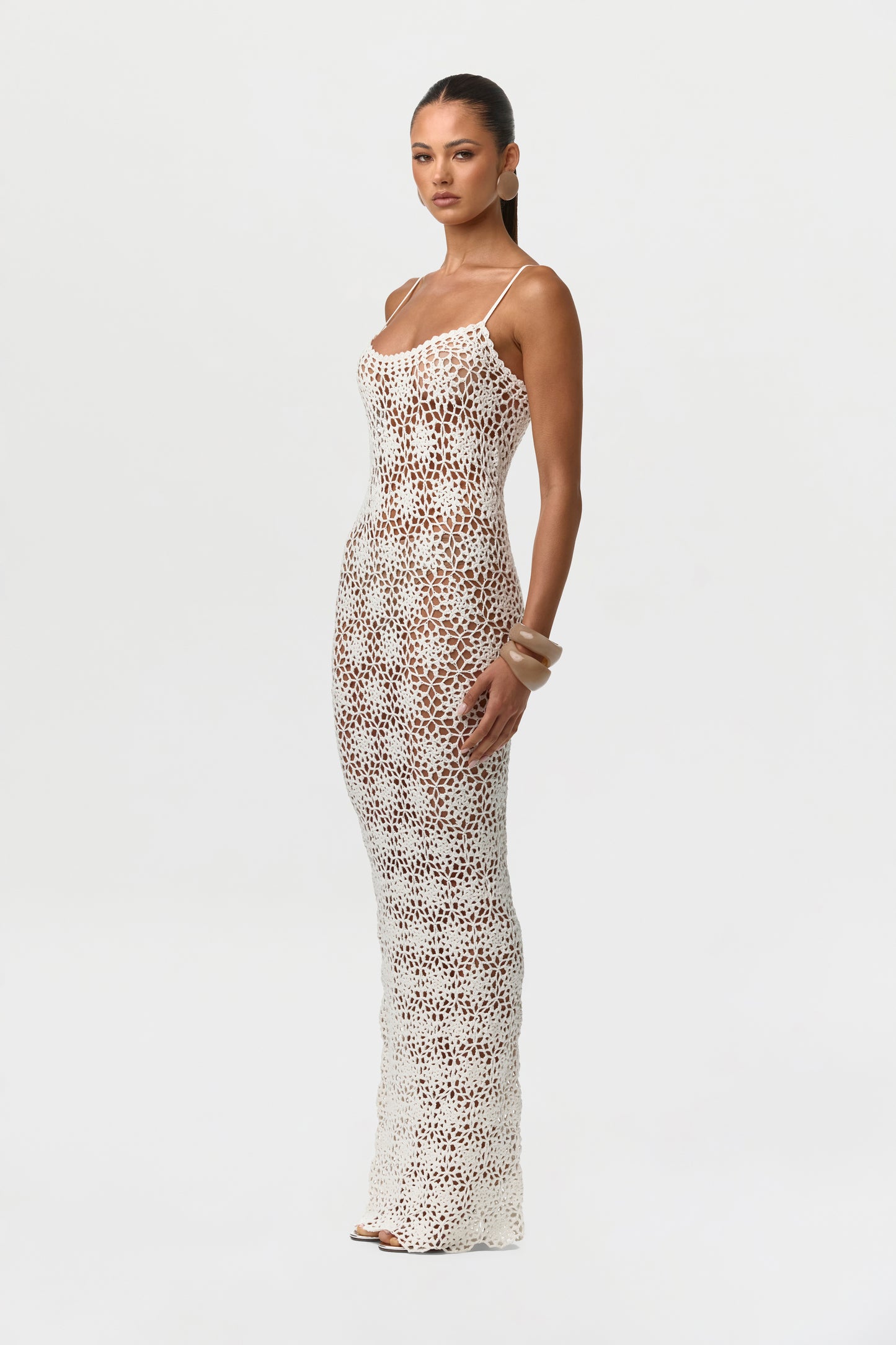 Women's Knit Crochet Maxi Dress by Naked Wardrobe, White / XS