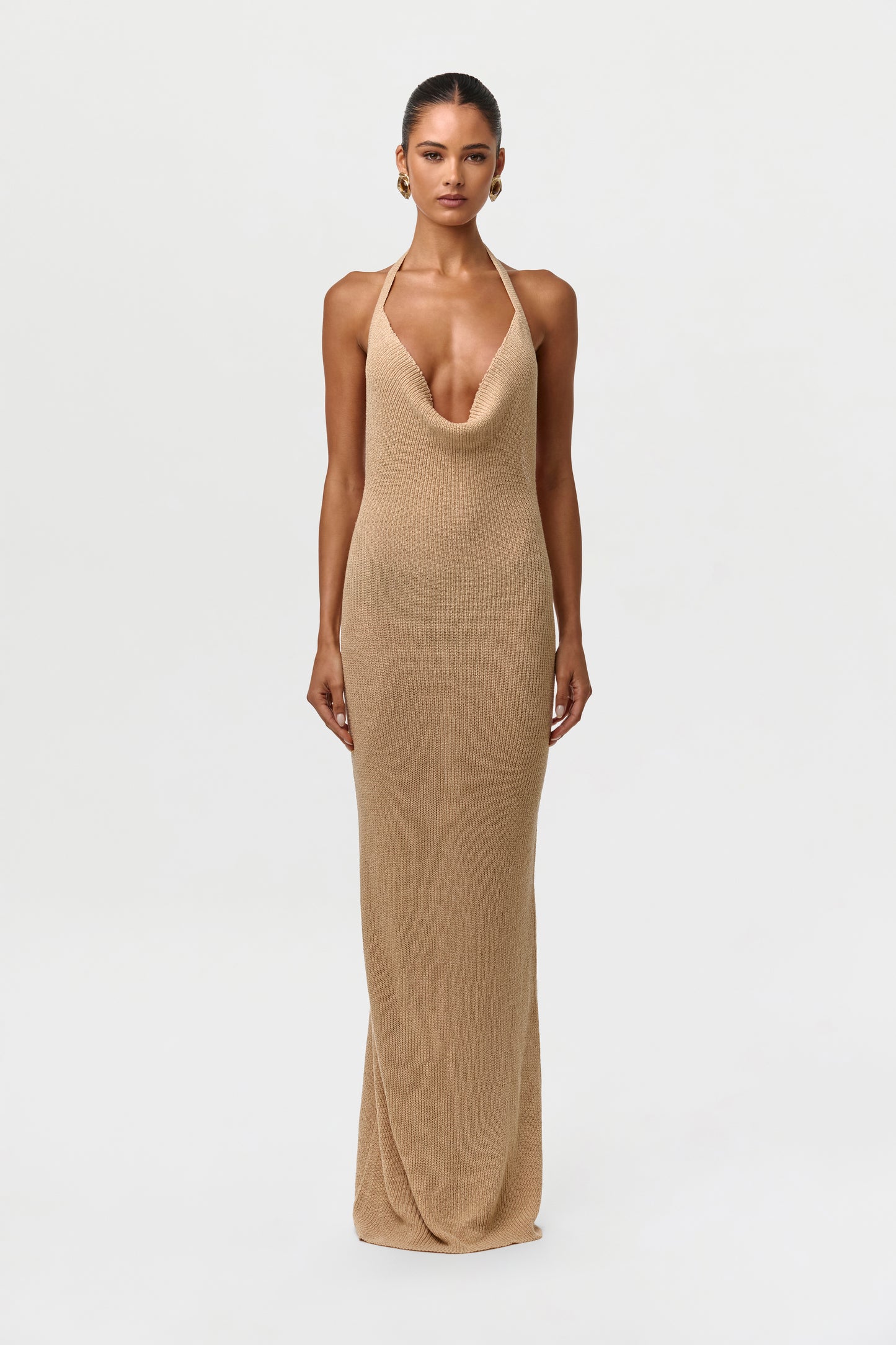Sand Beige Knit Halter Open Back Dress