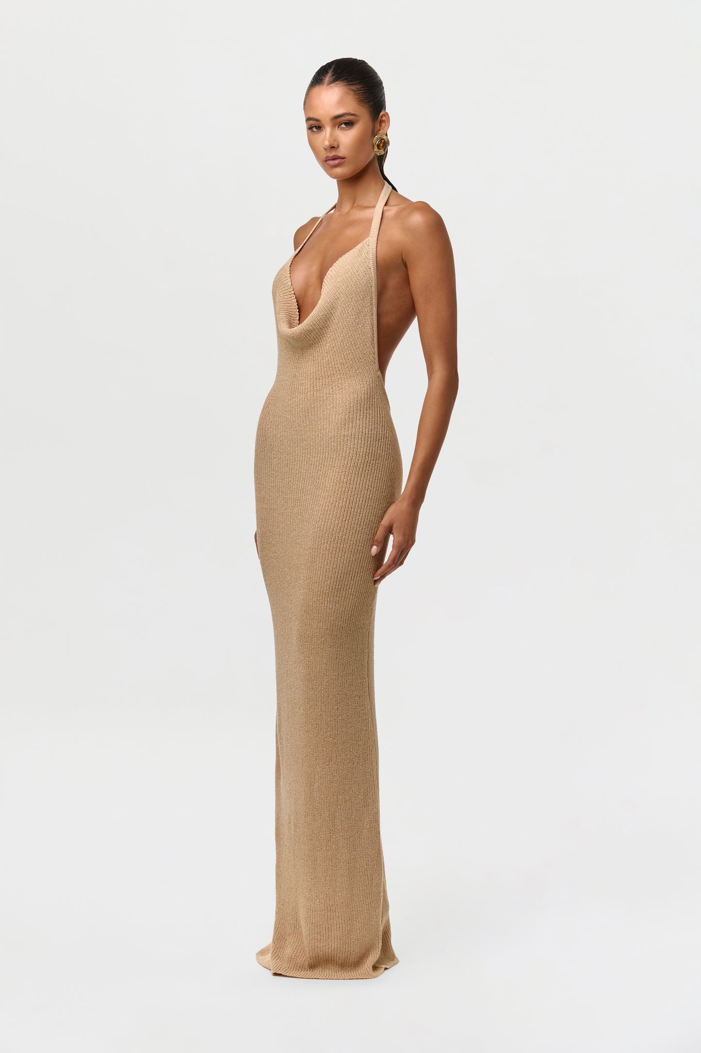 Sand Beige Knit Halter Open Back Dress