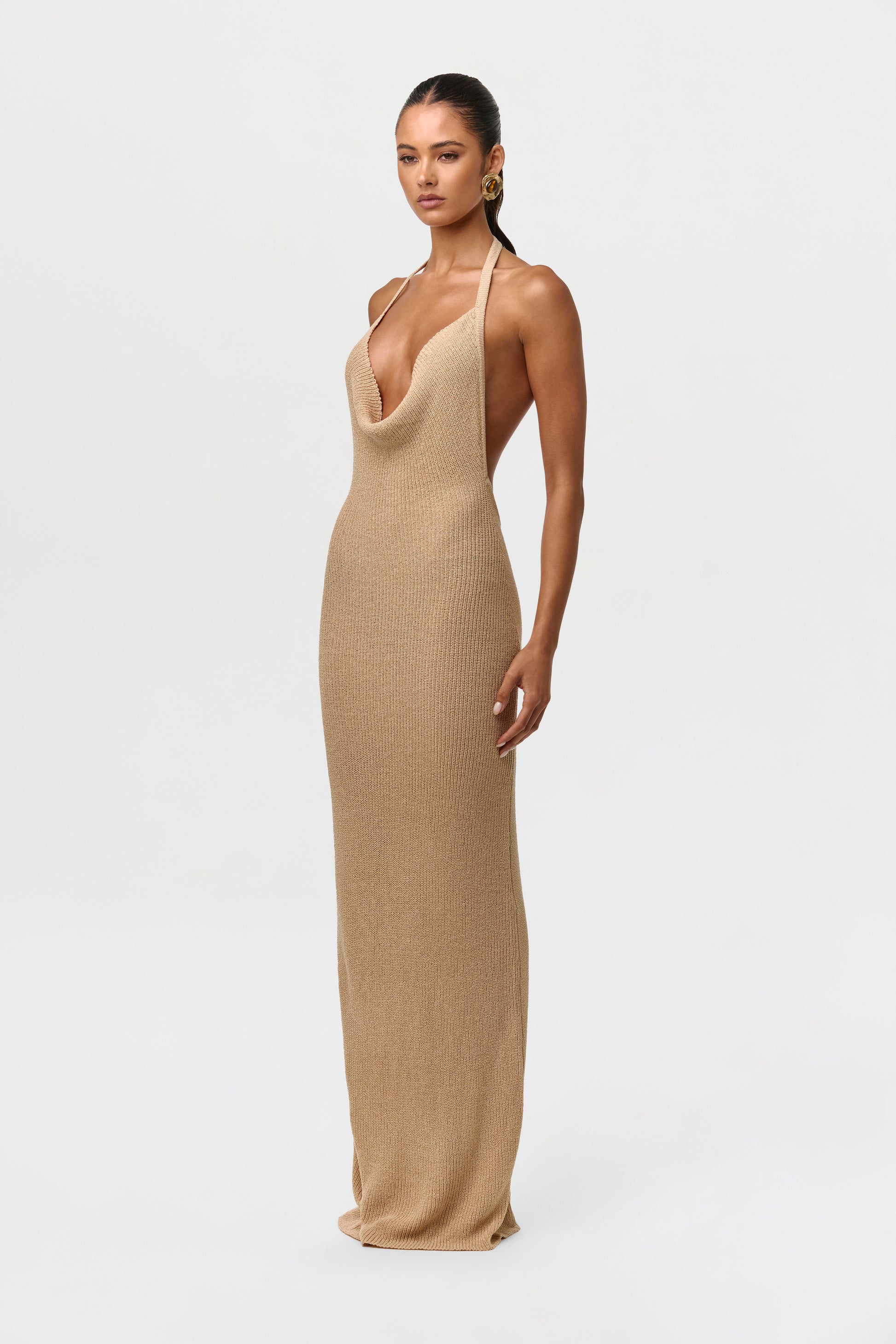 Sand Beige Knit Halter Open Back Dress