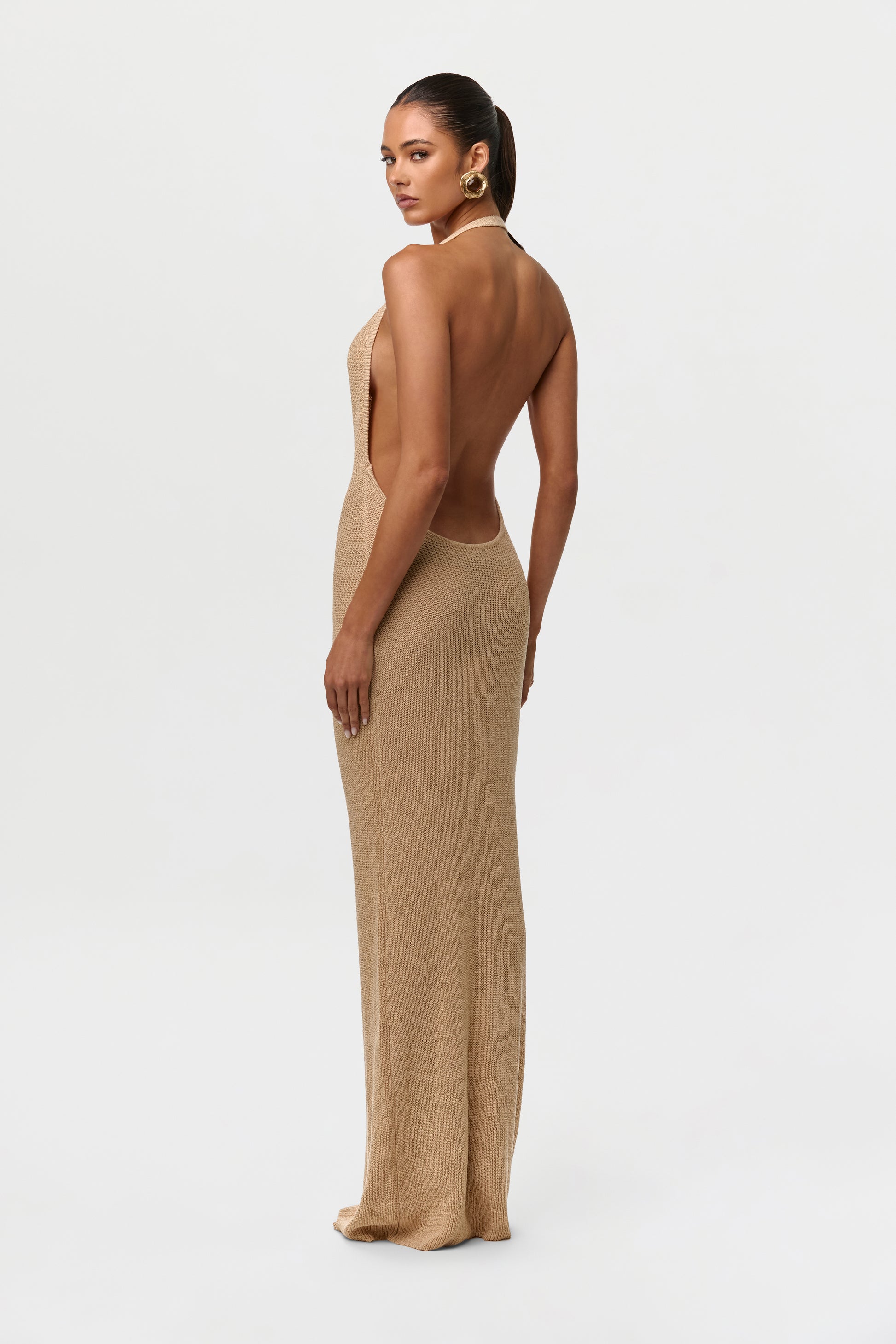 Sand Beige Knit Halter Open Back Dress