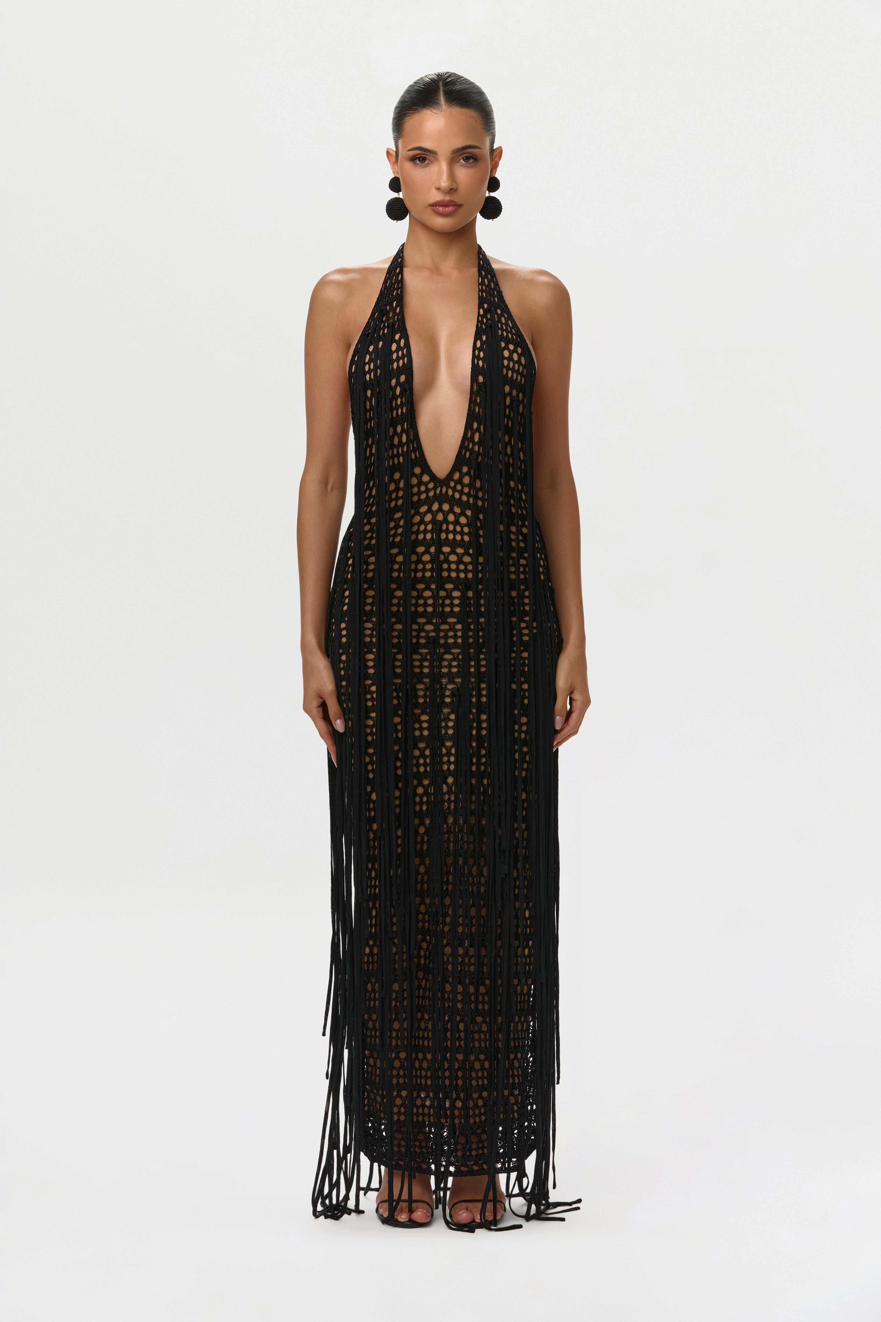 Crochet Plunge Fringe Maxi Dress