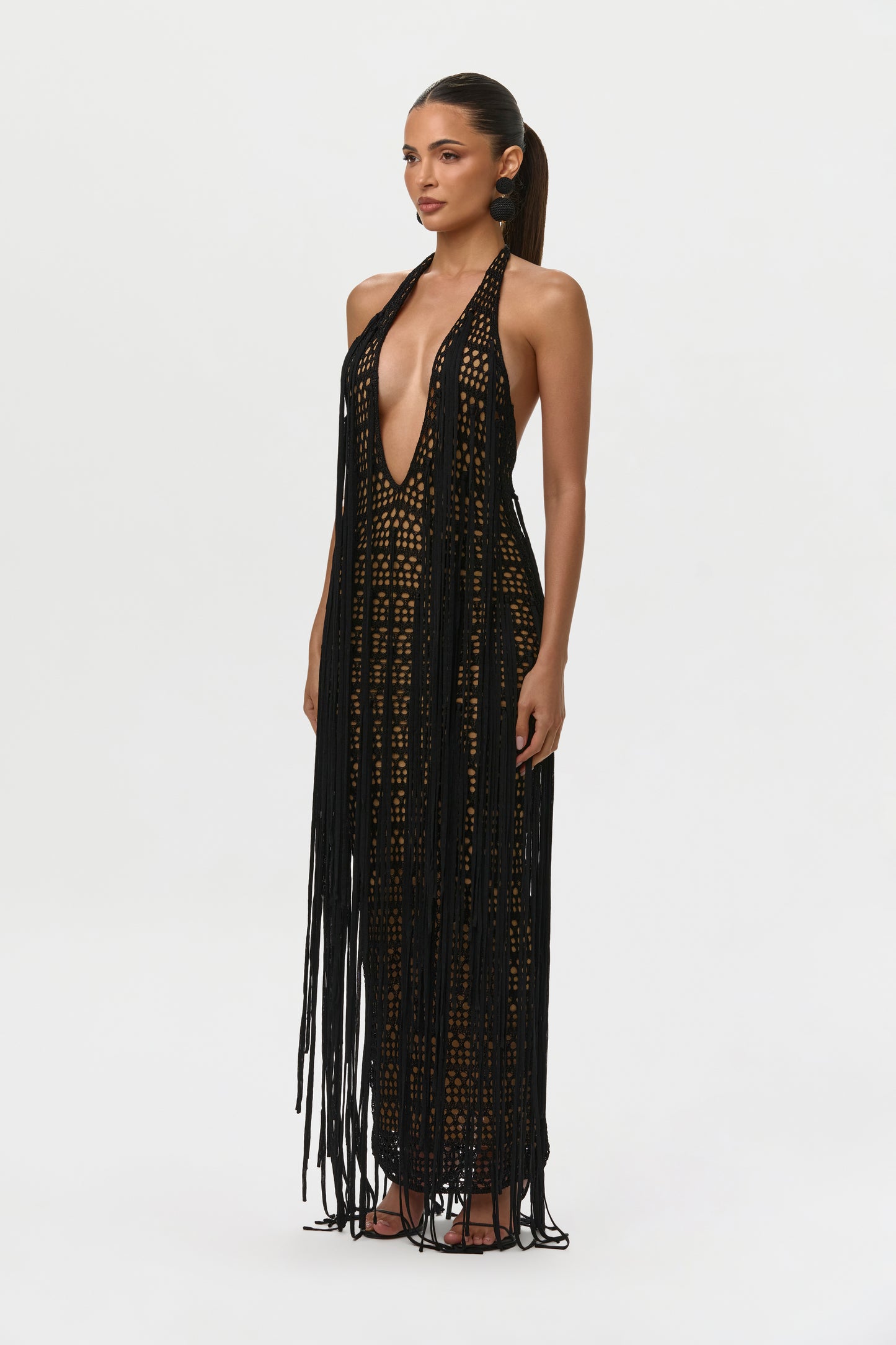 Black Crochet Plunge Fringe Maxi Dress