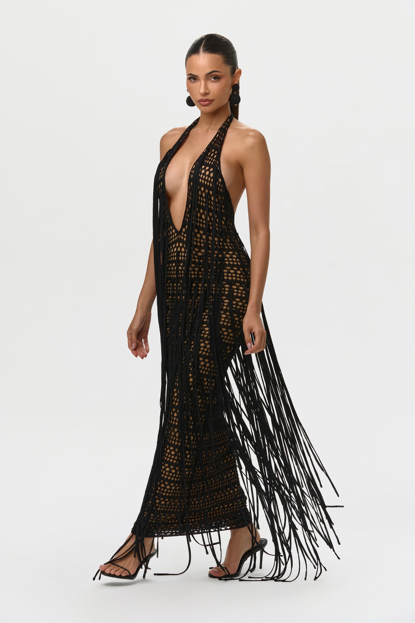 Black Crochet Plunge Fringe Maxi Dress