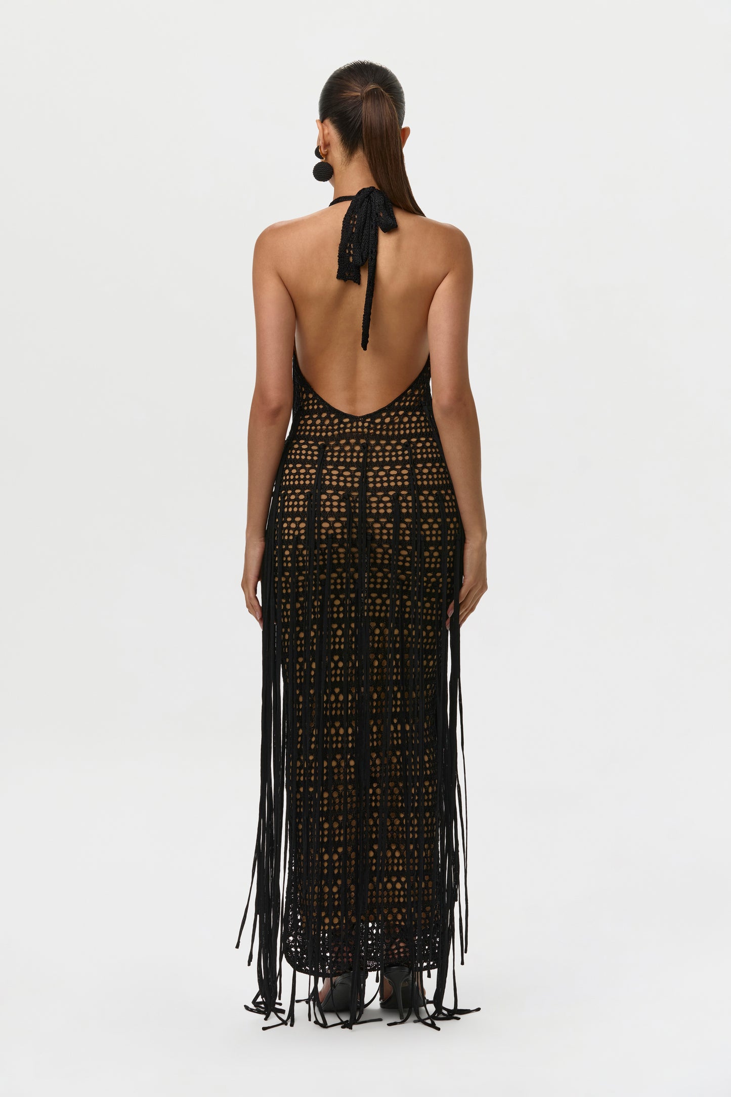 Black Crochet Plunge Fringe Maxi Dress